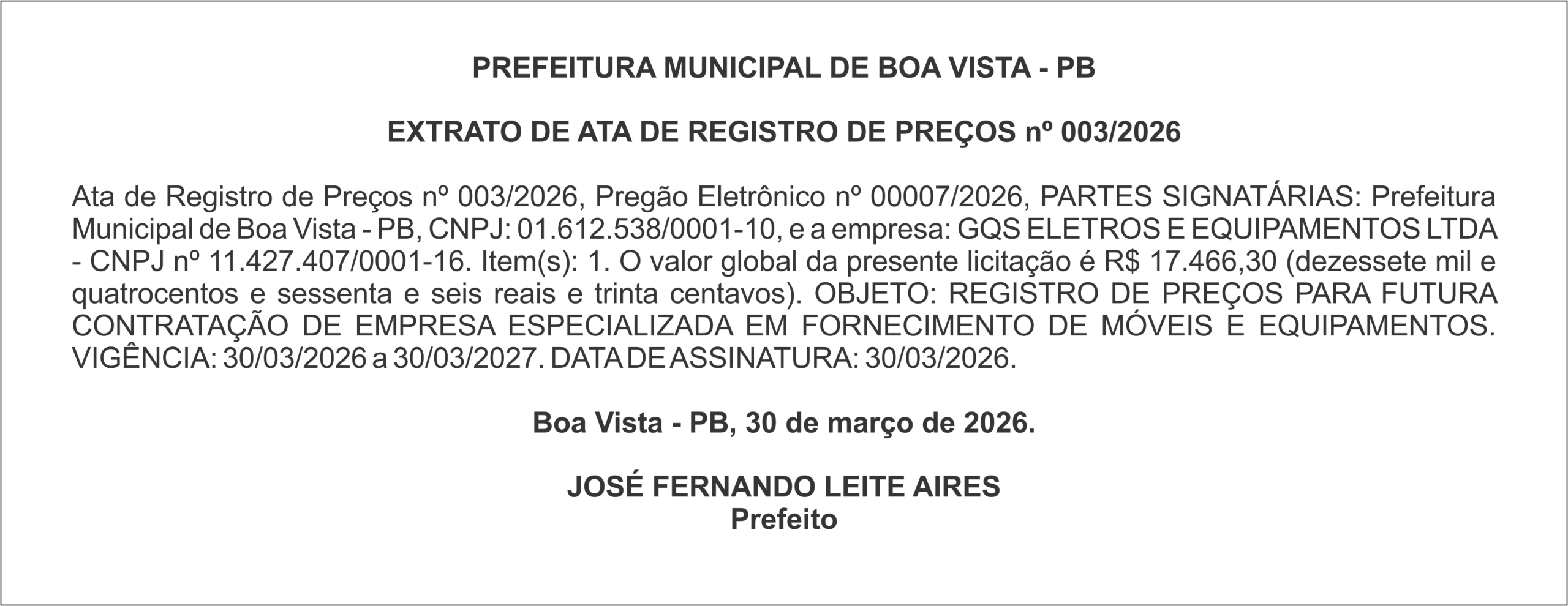 PREFEITURA MUNICIPAL DE BOA VISTA – PB – EXTRATO DE ATA DE REGISTRO DE PREÇOS nº 003/2026