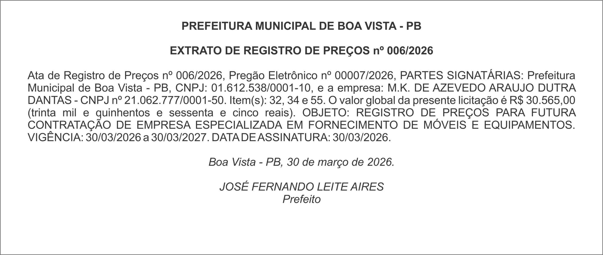 PREFEITURA MUNICIPAL DE BOA VISTA – PB – EXTRATO DE ATA DE REGISTRO DE PREÇOS nº 006/2026