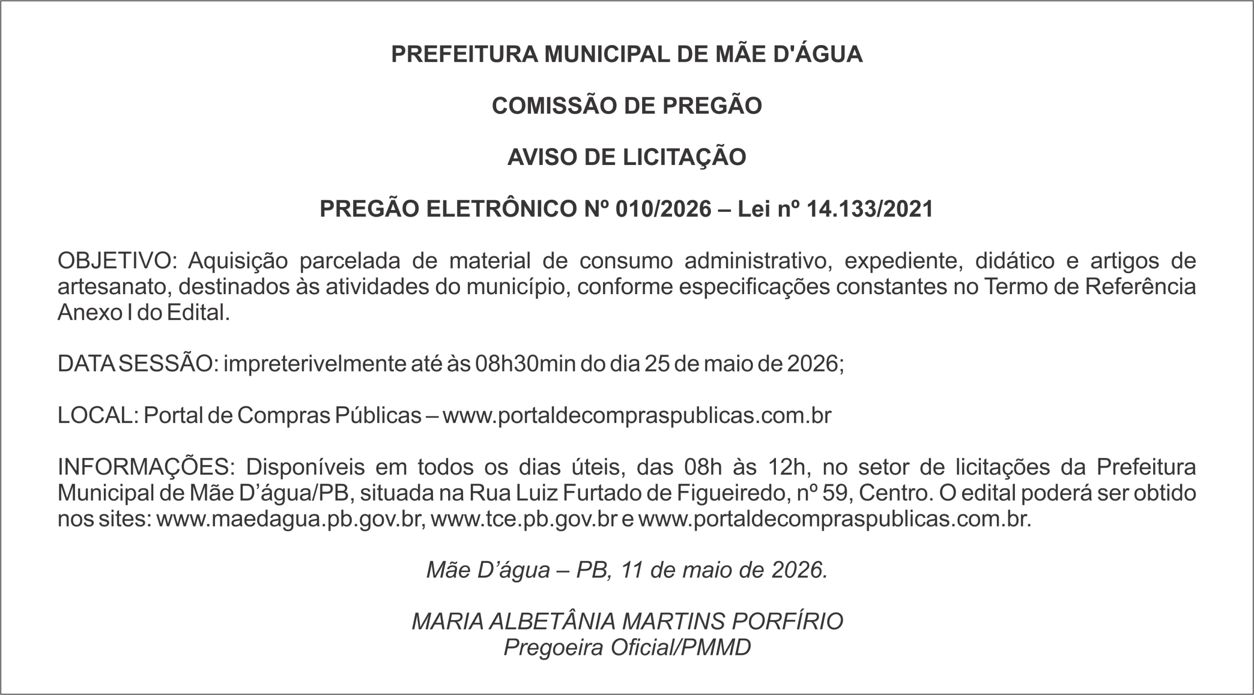 PREFEITURA DE MÃE D’ÁGUA – AVISO DE LICITAÇÃO  PREGÃO ELETRÔNICO Nº 010/2026