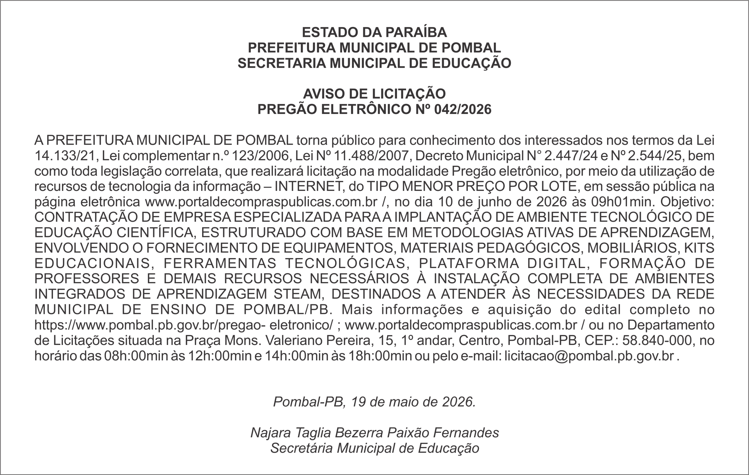PREFEITURA MUNICIPAL DE POMBAL – AVISO DE LICITAÇÃO PREGÃO ELETRÔNICO Nº 042/2026