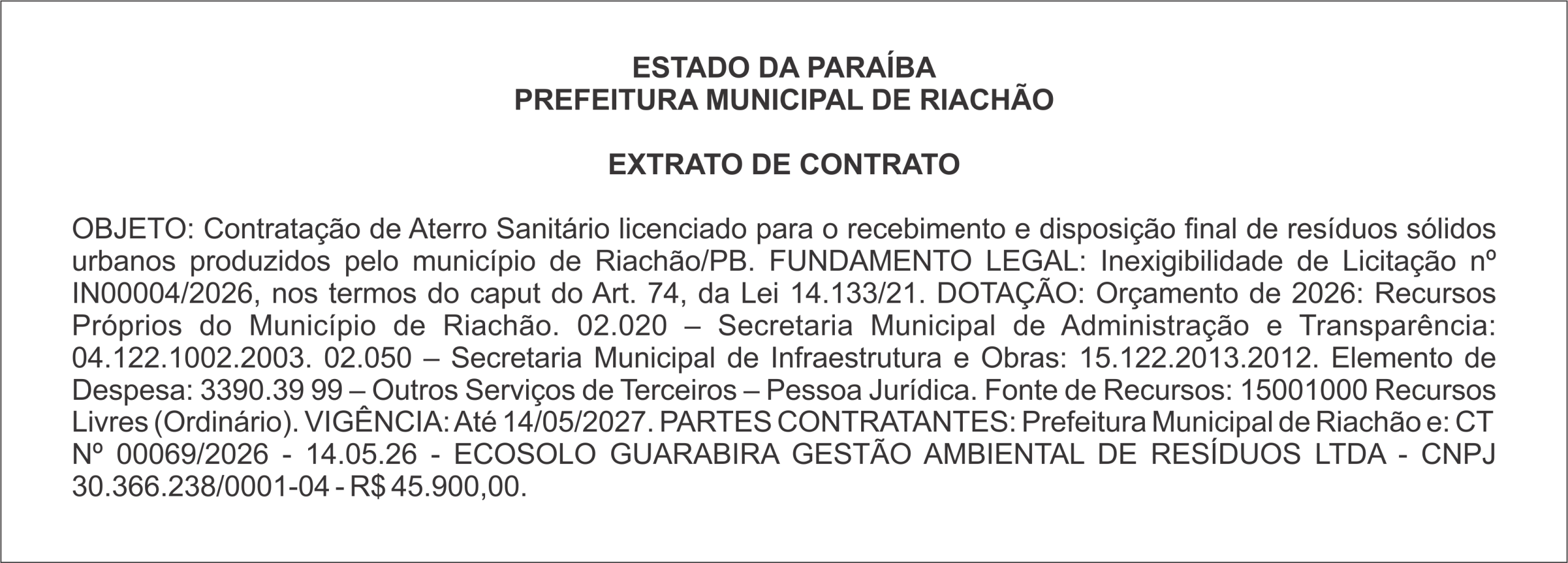 PREFEITURA MUNICIPAL DE RIACHÃO – EXTRATO DE CONTRATO