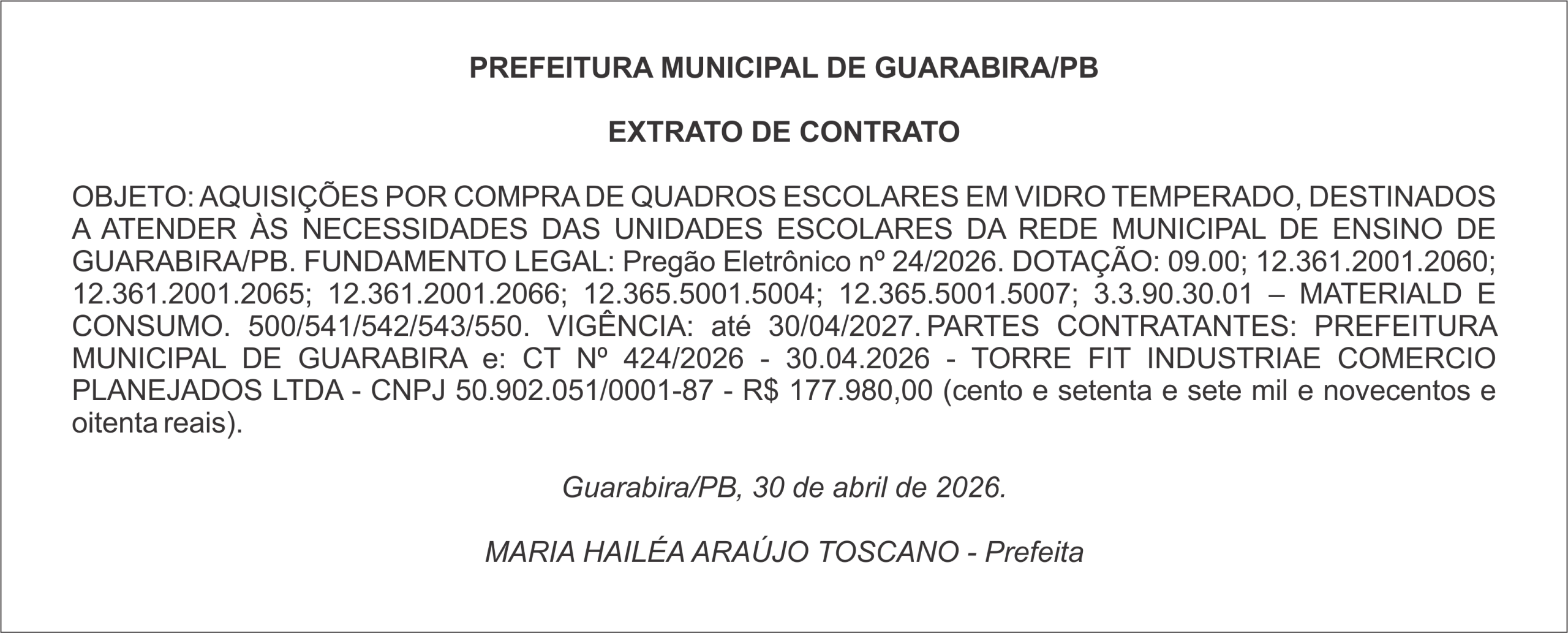 PREFEITURA MUNICIPAL DE GUARABIRA/PB  EXTRATO DE CONTRATO