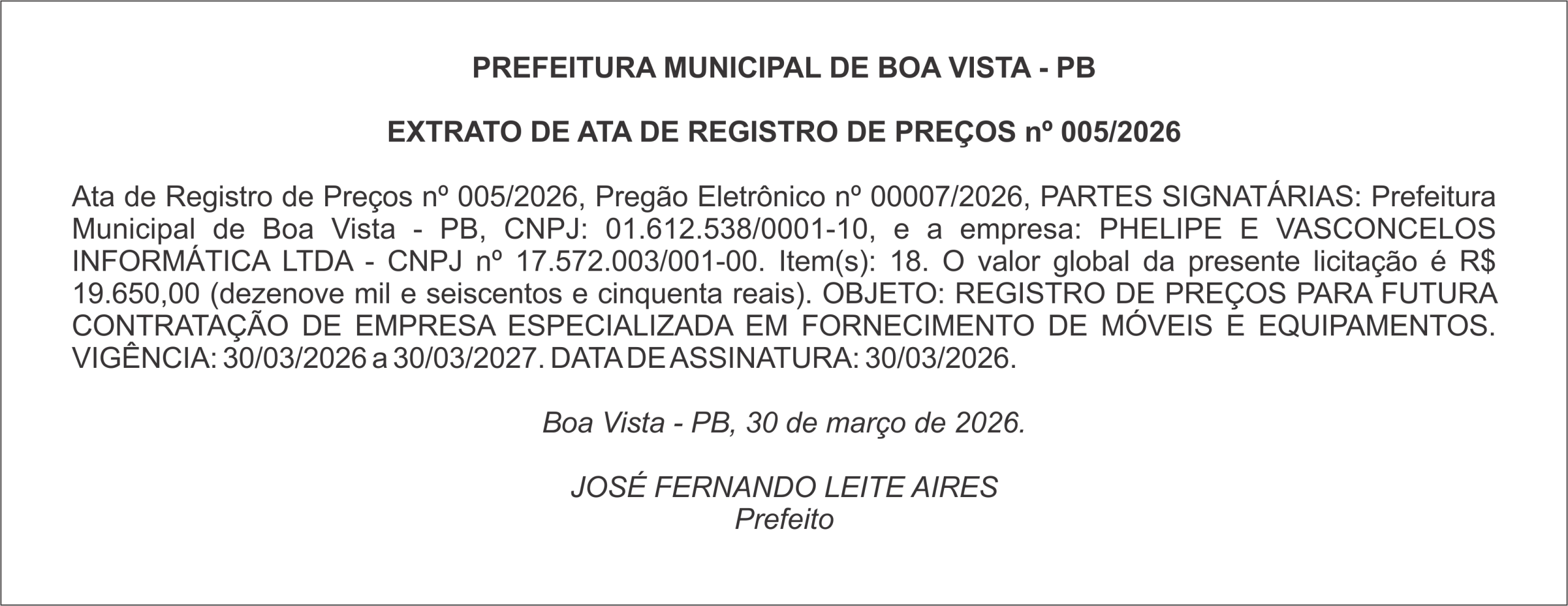 PREFEITURA MUNICIPAL DE BOA VISTA – PB – EXTRATO DE ATA DE REGISTRO DE PREÇOS nº 005/2026