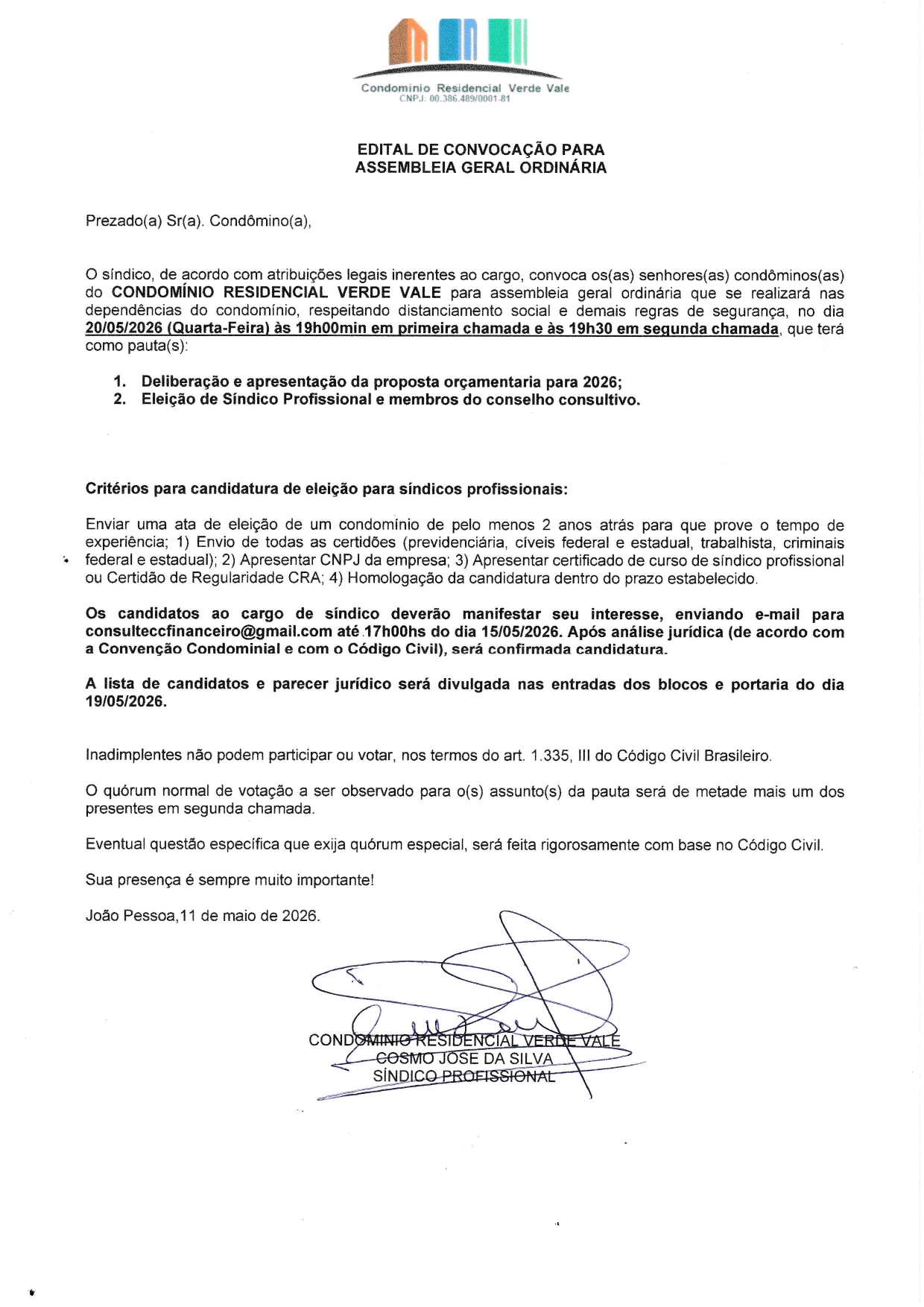 CONDOMÍNIO RESIDENCIAL VERDE VALE – EDITAL DE CONVOCAÇÃO PARA ASSEMBLEIA GERAL ORDINÁRIA