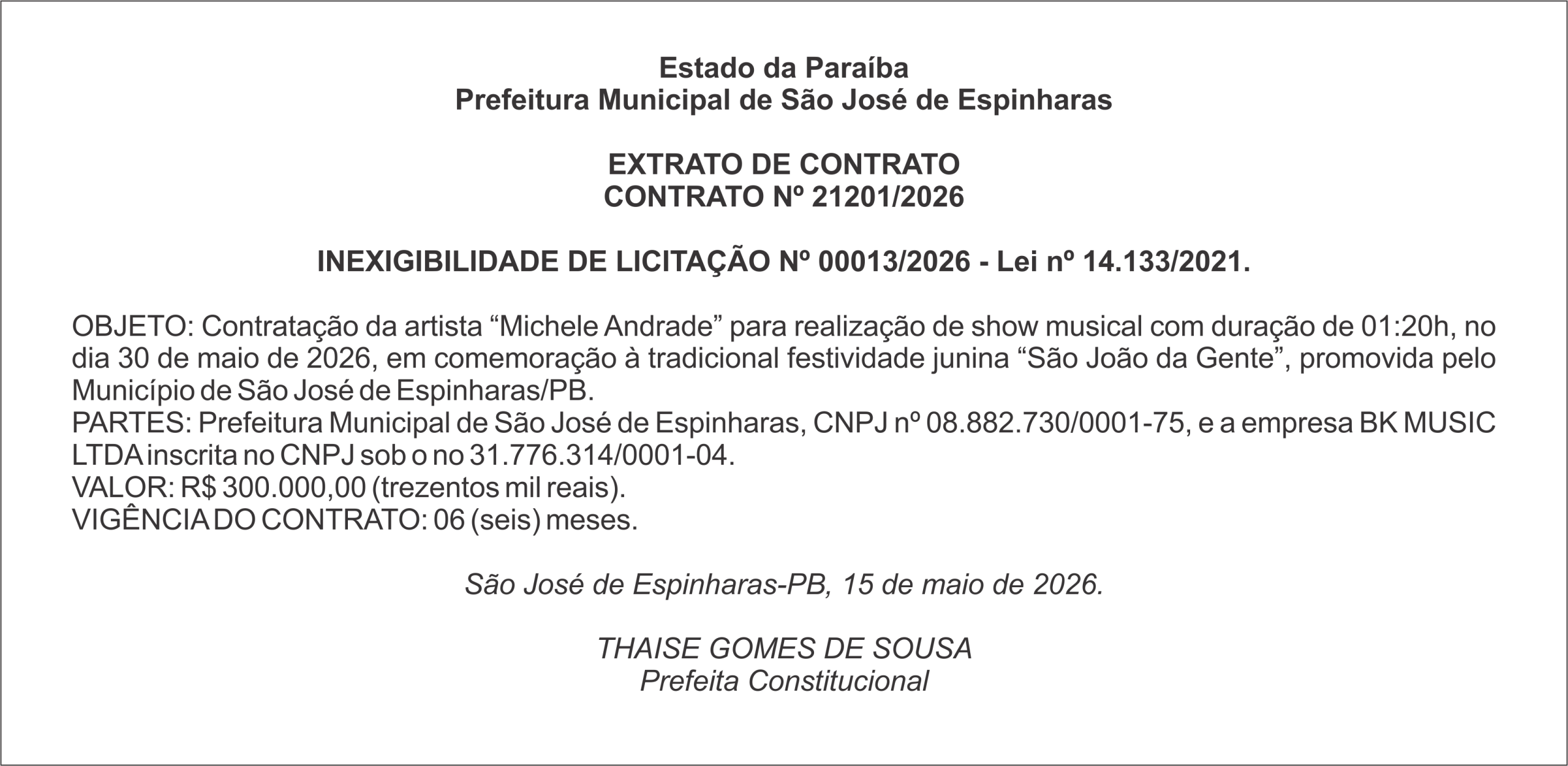 PREFEITURA DE SÃO JOSÉ DE ESPINHARAS – EXTRATO DE CONTRATO
