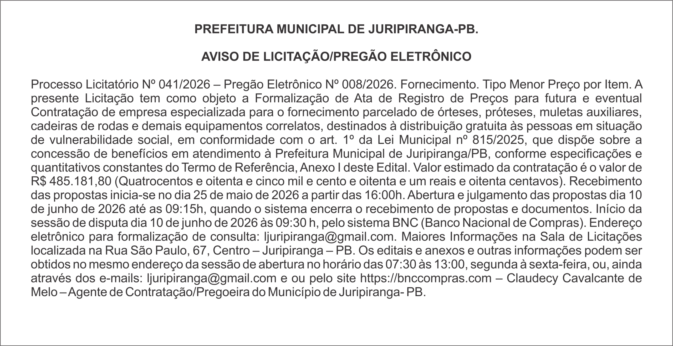 PREFEITURA MUNICIPAL DE JURIPIRANGA-PB – AVISO DE LICITAÇÃO/PREGÃO ELETRÔNICO