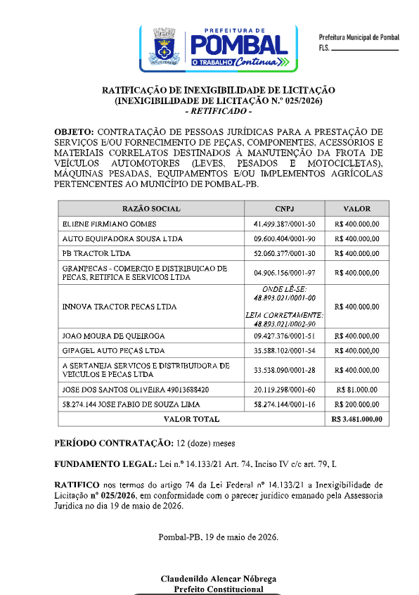 PREFEITURA MUNICIPAL DE POMBAL – RATIFICAÇÃO DE INEXIGIBILIDADE DE LICITAÇÃO