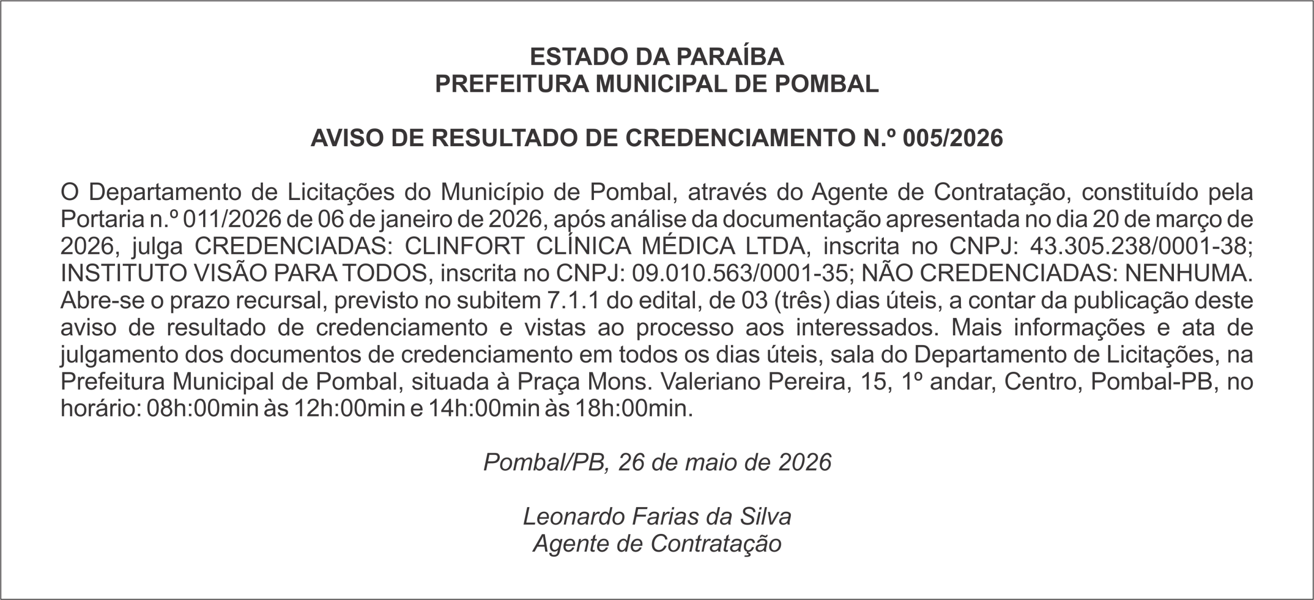 PREFEITURA MUNICIPAL DE POMBAL – AVISO DE RESULTADO DE CREDENCIAMENTO  N.º 005/2026