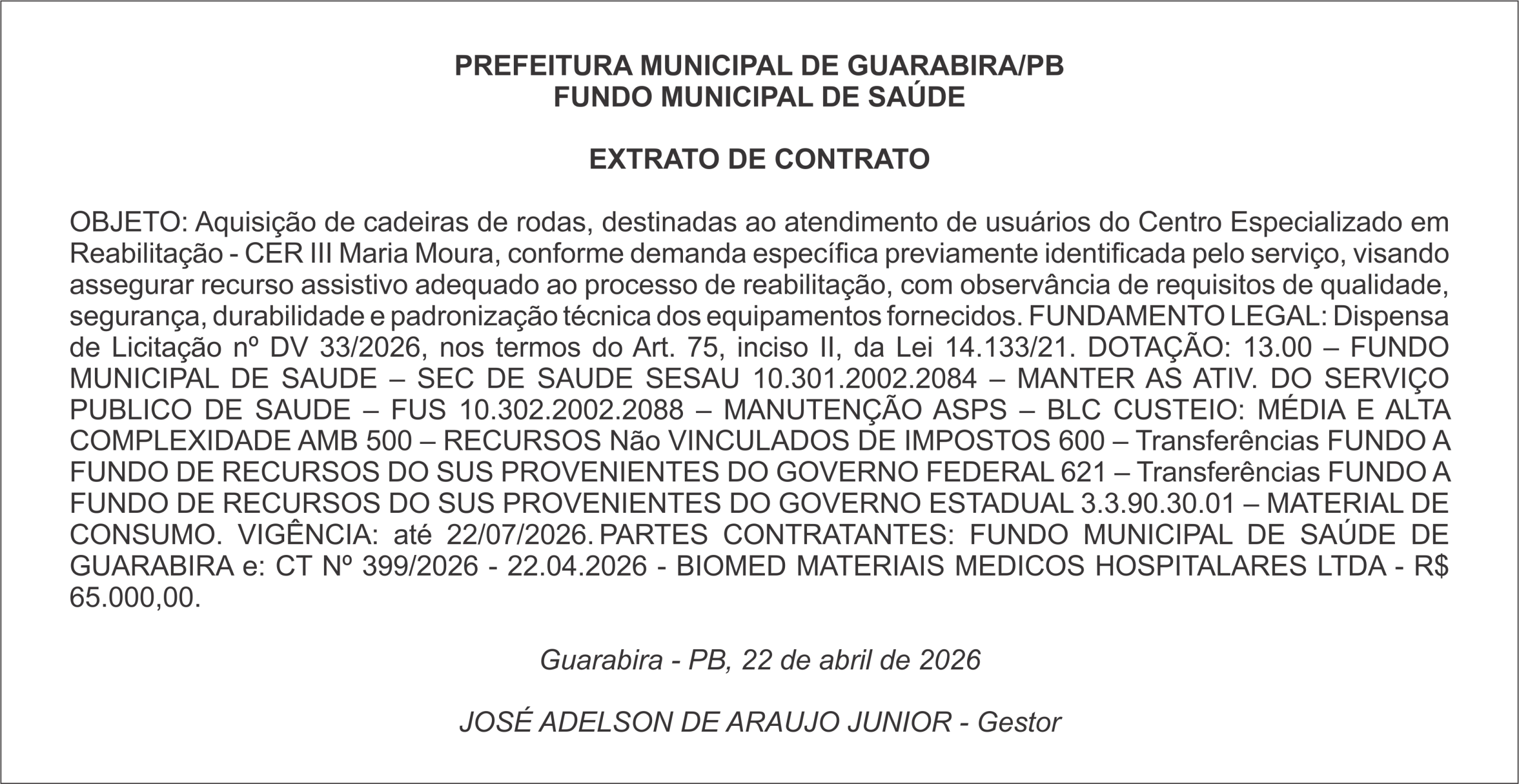 PREFEITURA MUNICIPAL DE GUARABIRA/PB FUNDO MUNICIPAL DE SAÚDE  EXTRATO DE CONTRATO