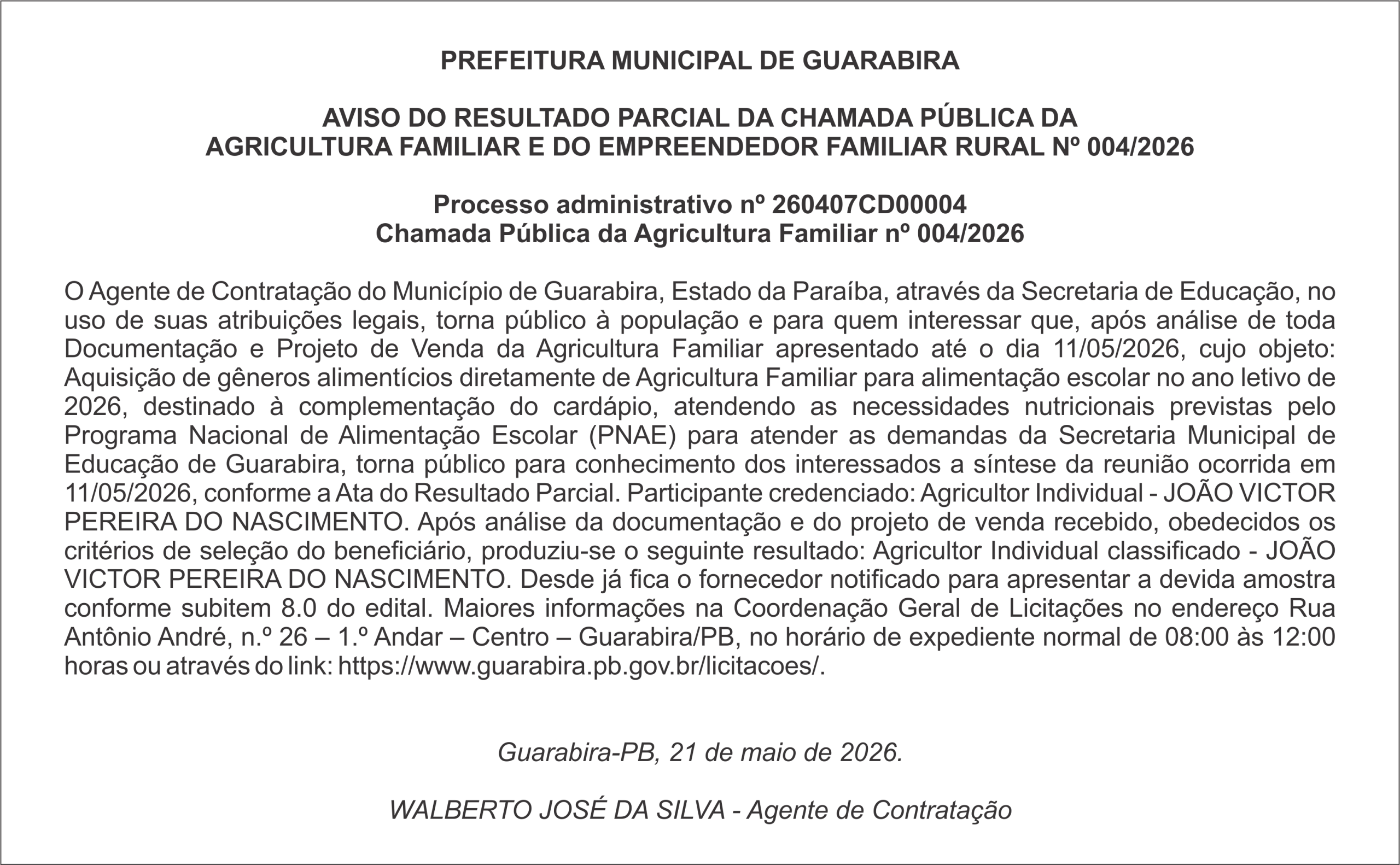 PREFEITURA MUNICIPAL DE GUARABIRA/PB – AVISO DO RESULTADO PARCIAL DA CHAMADA PÚBLICA DA AGRICULTURA FAMILIAR E DO EMPREENDEDOR FAMILIAR RURAL Nº  004/2026