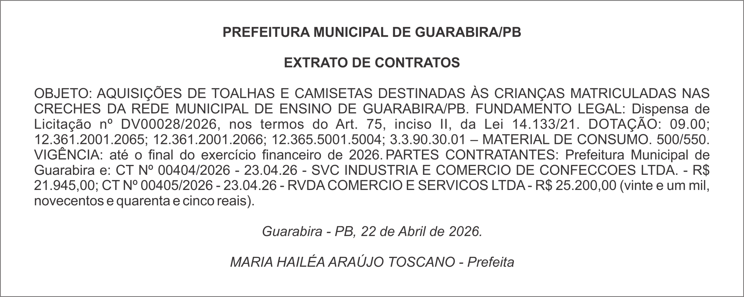PREFEITURA MUNICIPAL DE GUARABIRA/PB EXTRATO DE CONTRATOS