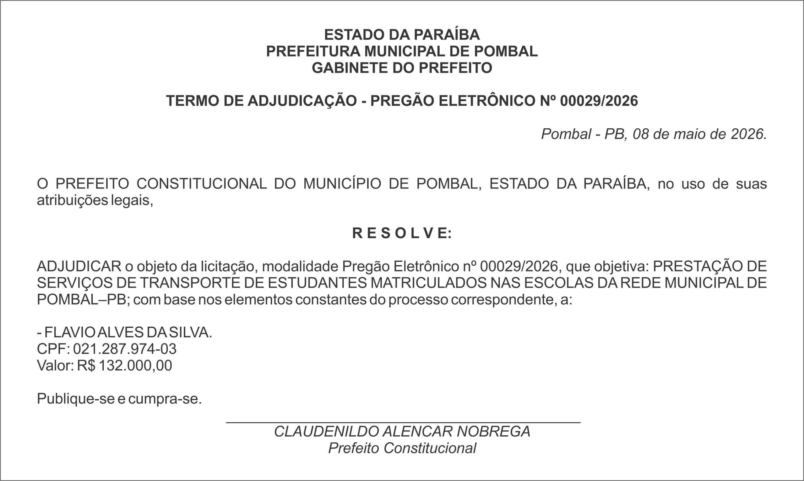 PREFEITURA MUNICIPAL DE POMBAL – TERMO DE ADJUDICAÇÃO – PREGÃO ELETRÔNICO Nº 00029/2026