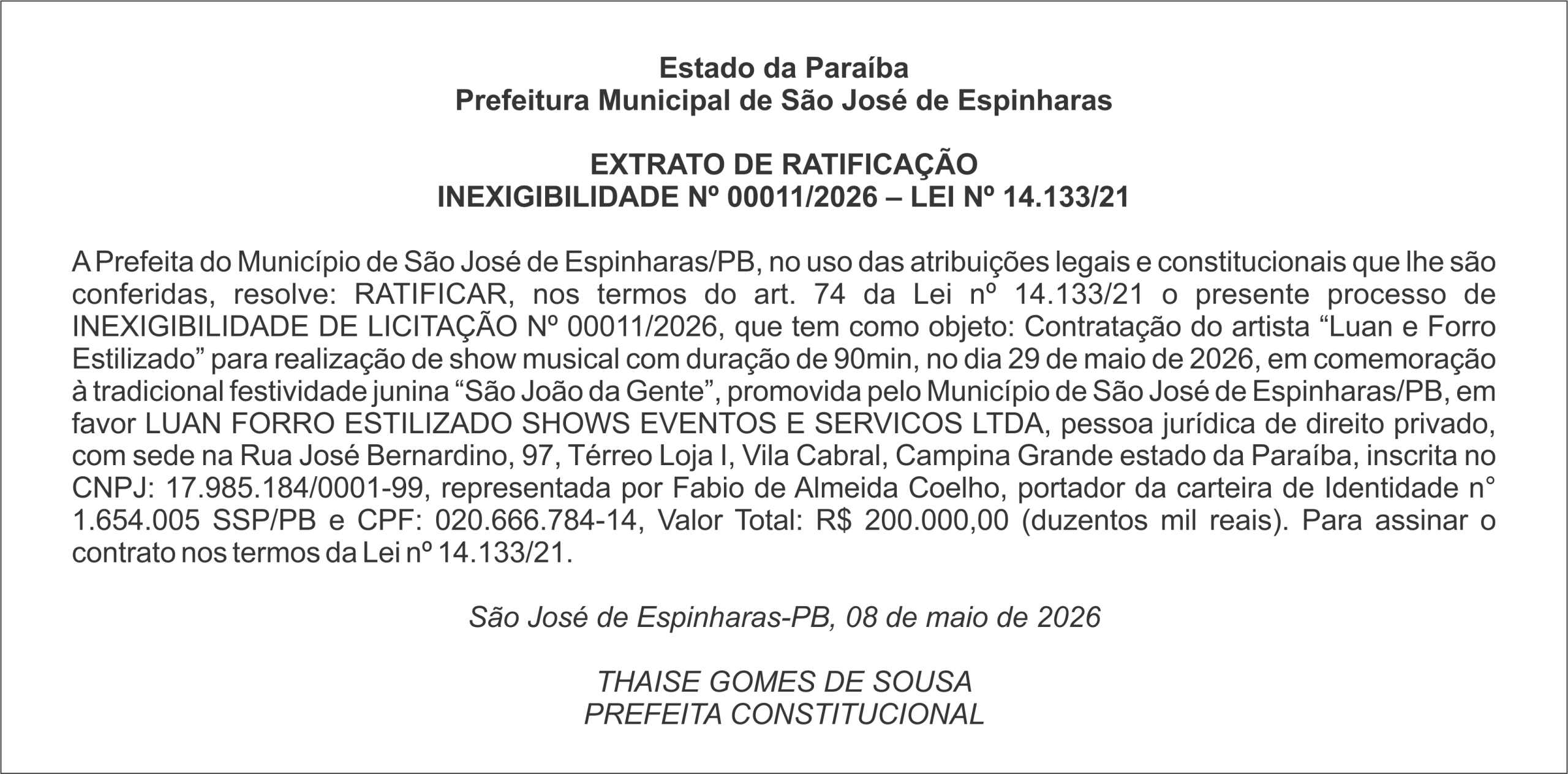 PREFEITURA DE SÃO JOSE DE ESPINHARAS – EXTRATO DE RATIFICAÇÃO