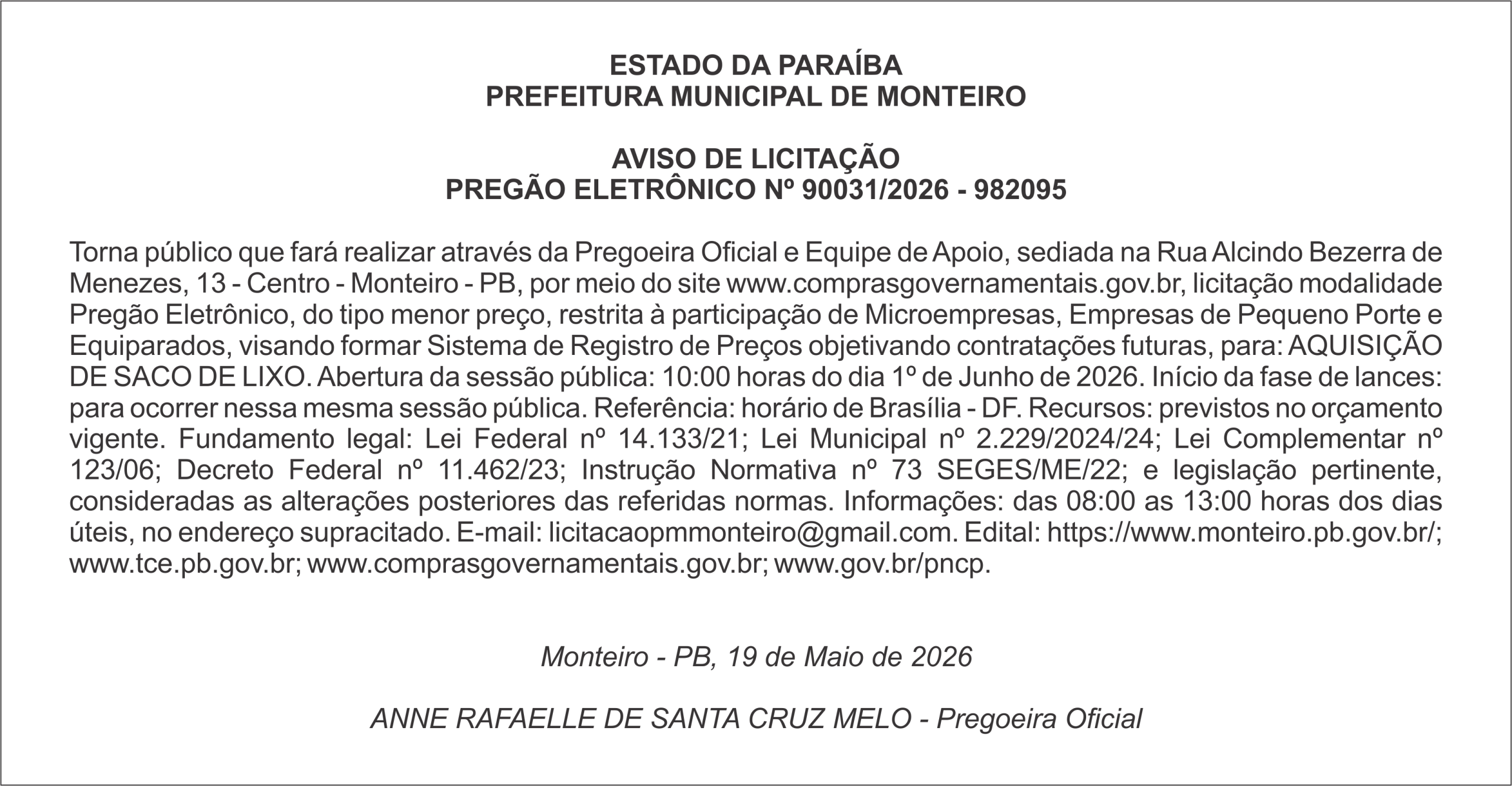 PREFEITURA MUNICIPAL DE MONTEIRO – AVISO DE LICITAÇÃO PREGÃO ELETRÔNICO Nº 90031/2026 – 982095