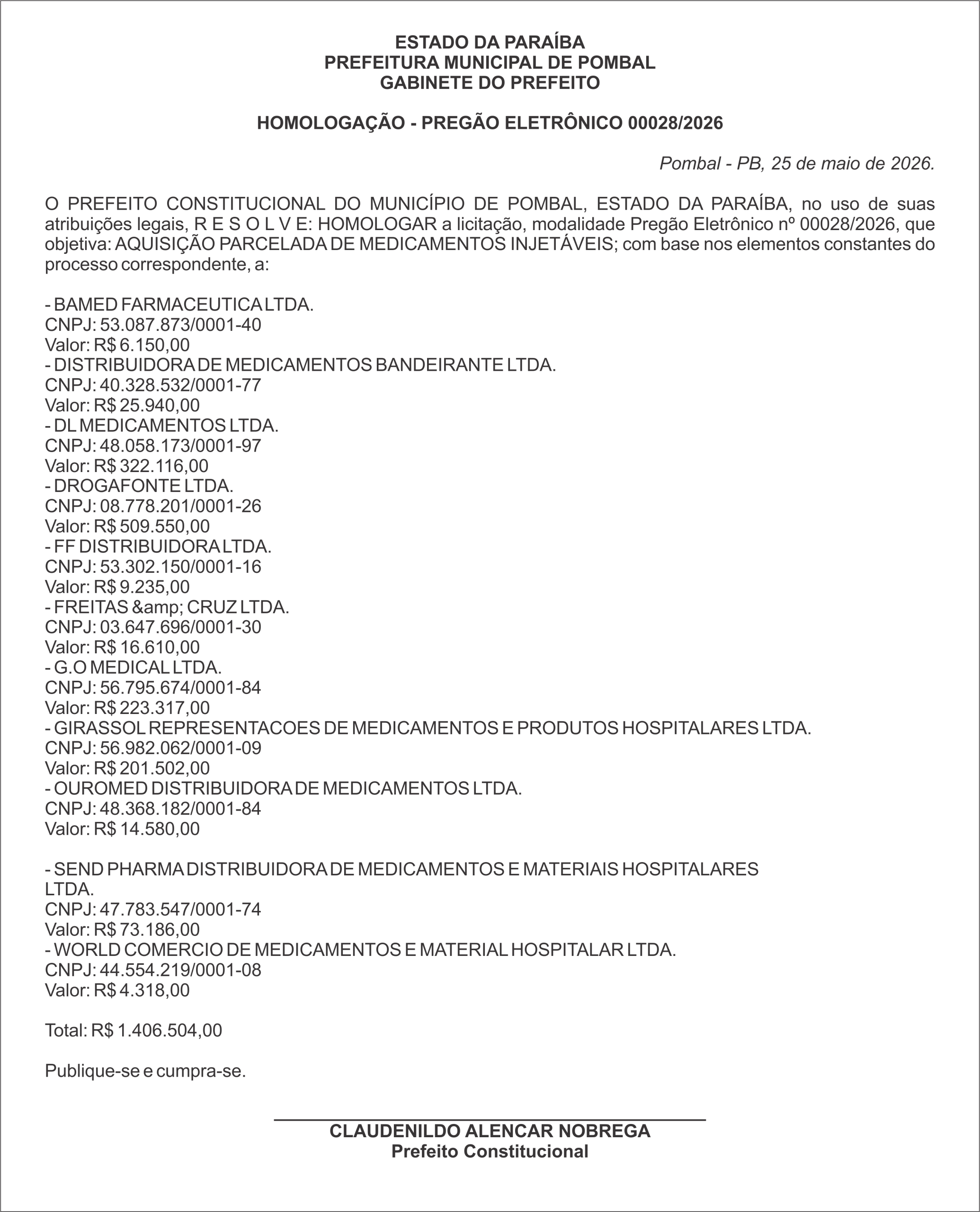 PREFEITURA MUNICIPAL DE POMBAL – HOMOLOGAÇÃO – PREGÃO ELETRÔNICO 00028/2026