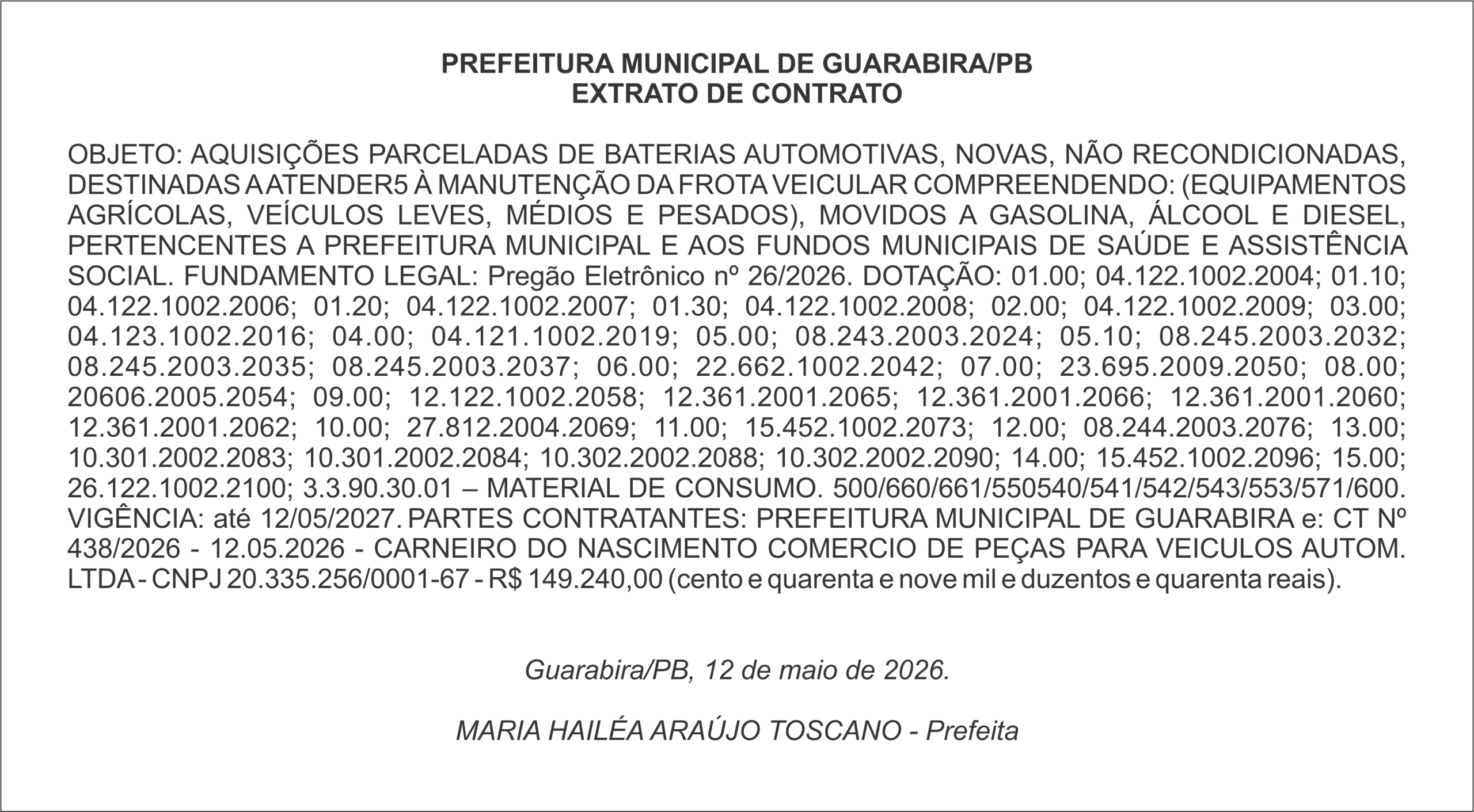 PREFEITURA MUNICIPAL DE GUARABIRA/PB – EXTRATO DE CONTRATOS