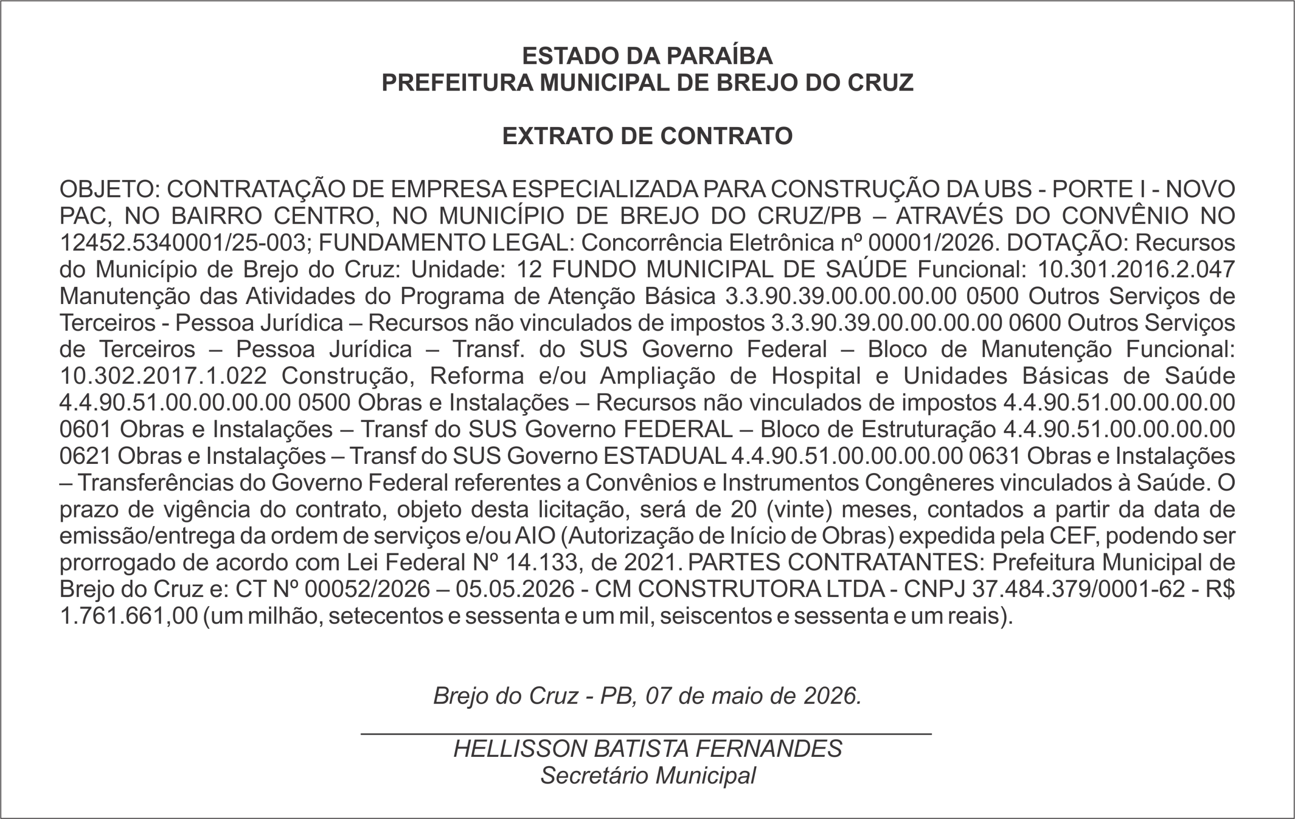 PREFEITURA MUNICIPAL DE BREJO DO CRUZ – EXTRATO DE CONTRATO