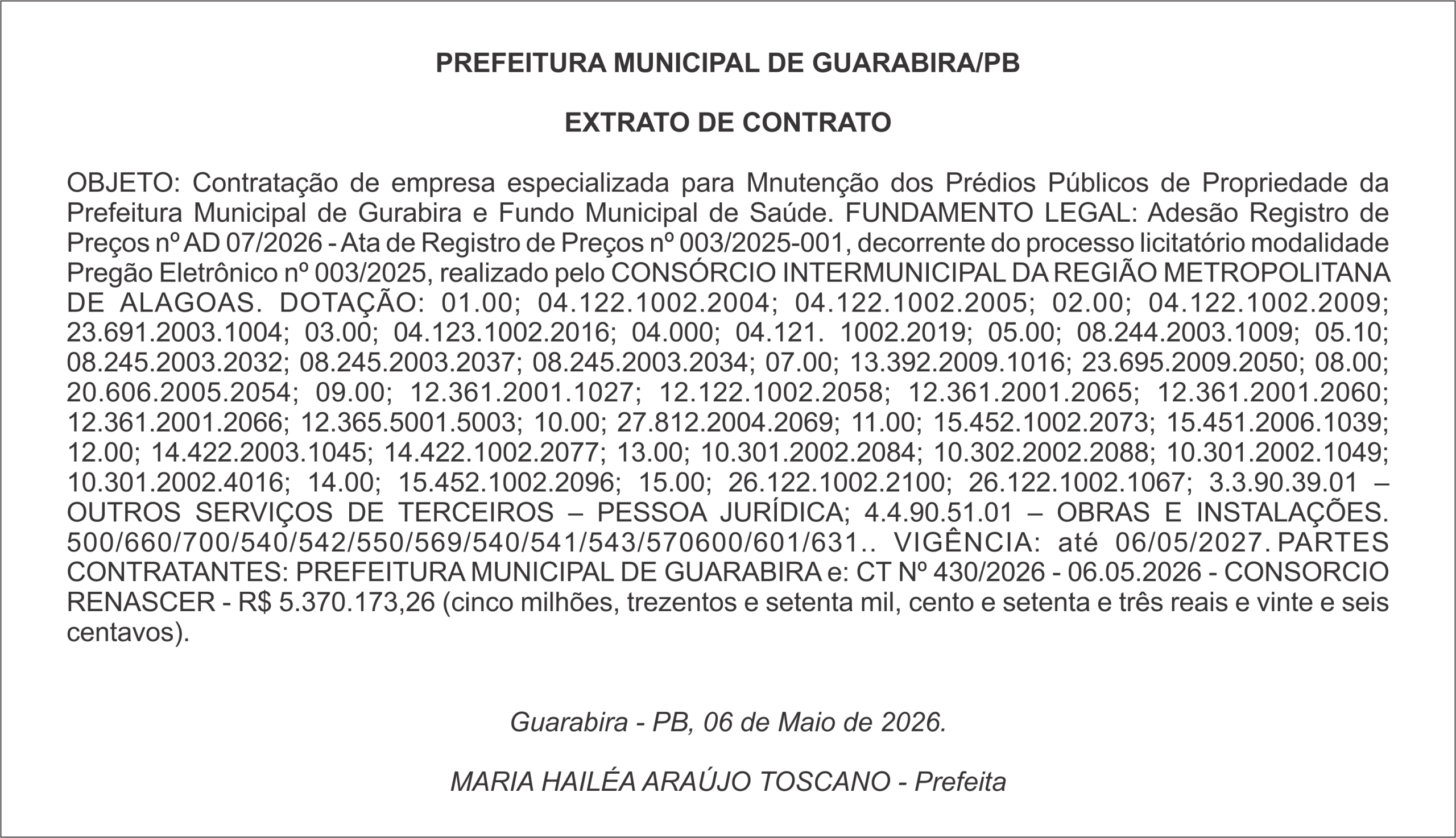 PREFEITURA MUNICIPAL DE GUARABIRA/PB EXTRATO DE CONTRATO