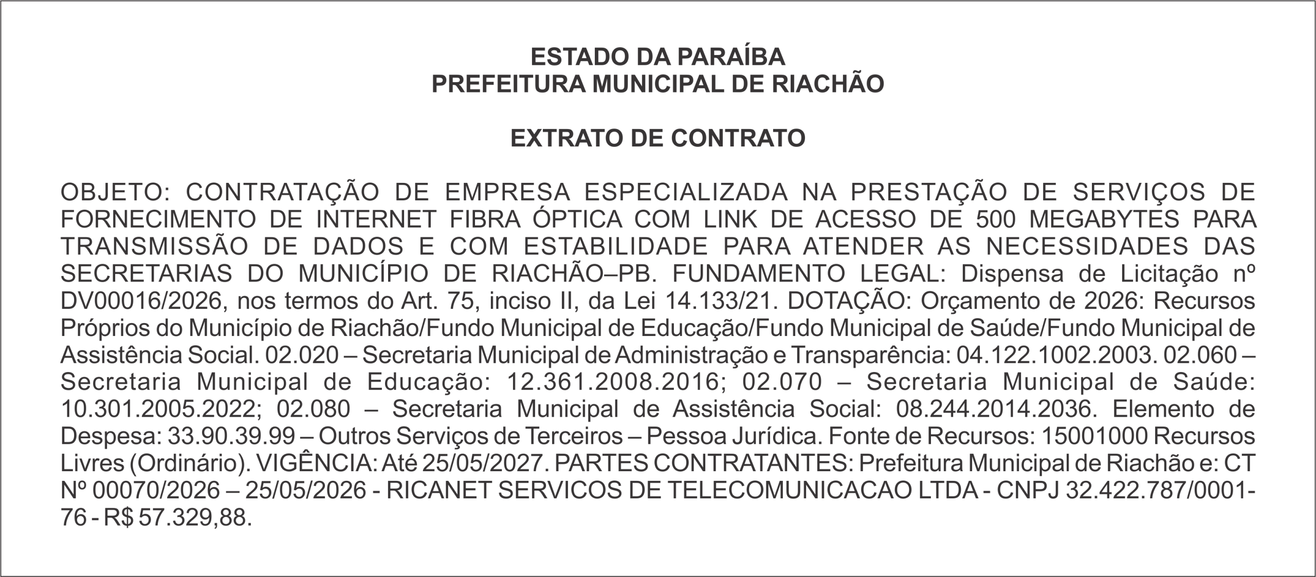 PREFEITURA MUNICIPAL DE RIACHÃO – EXTRATO DE CONTRATO
