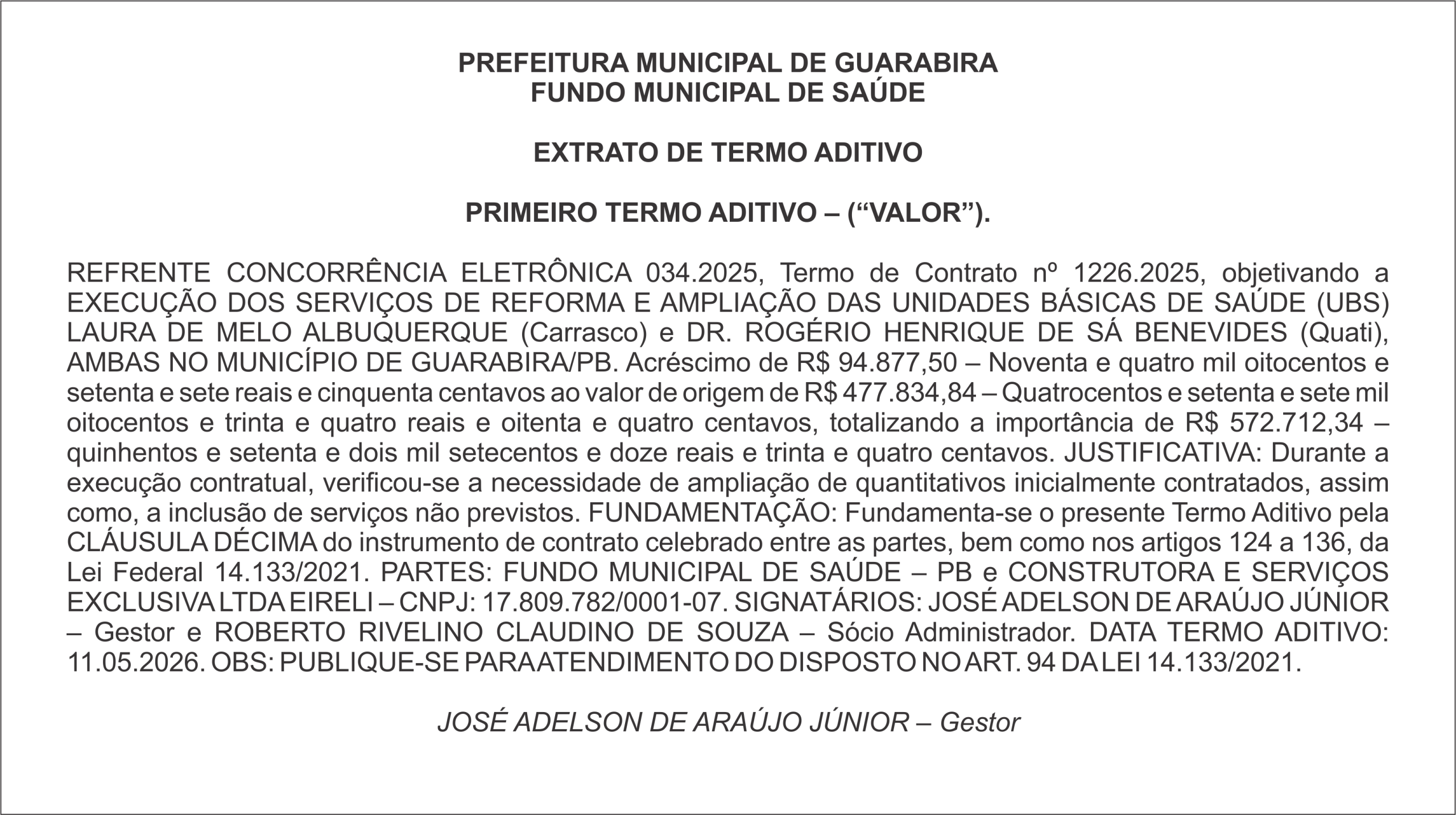 FUNDO MUNICIPAL DE SAÚDE – EXTRATO DE TERMO ADITIVO