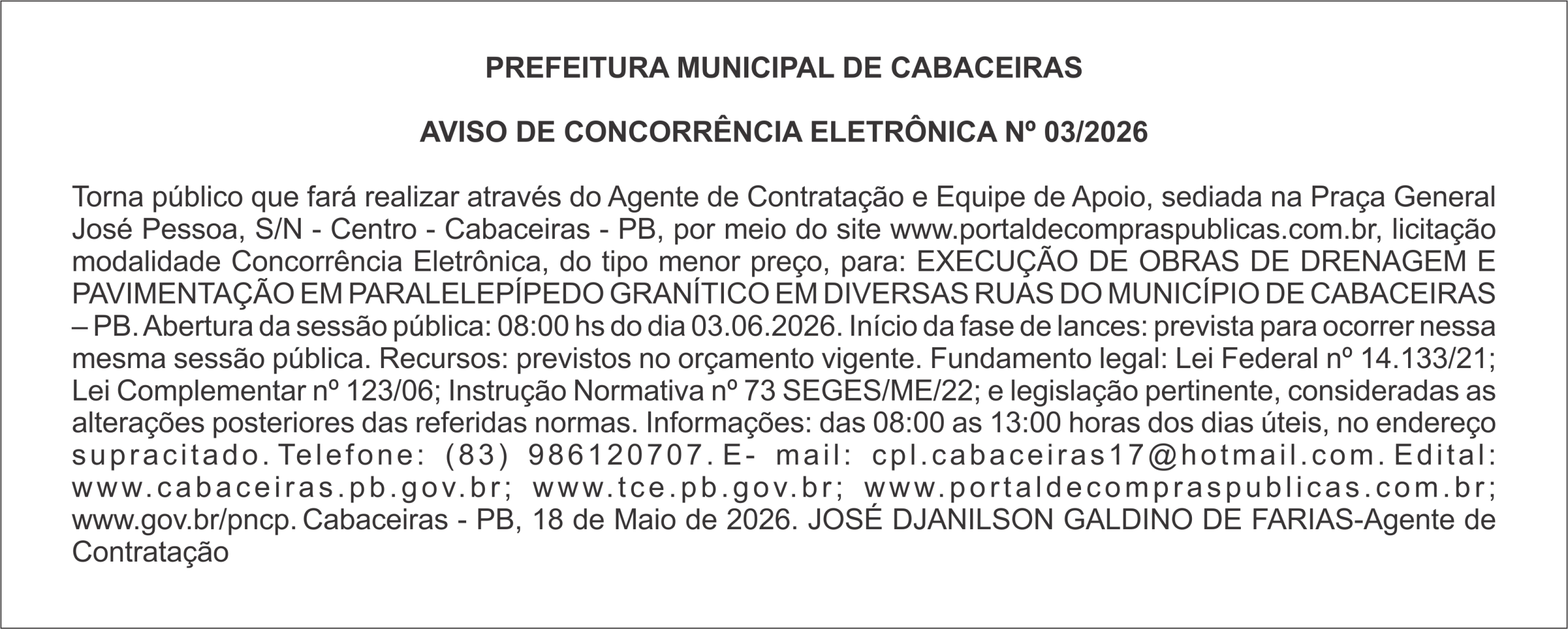 PREFEITURA MUNICIPAL DE CABACEIRAS – AVISO DE CONCORRÊNCIA ELETRÔNICA Nº 03/2026