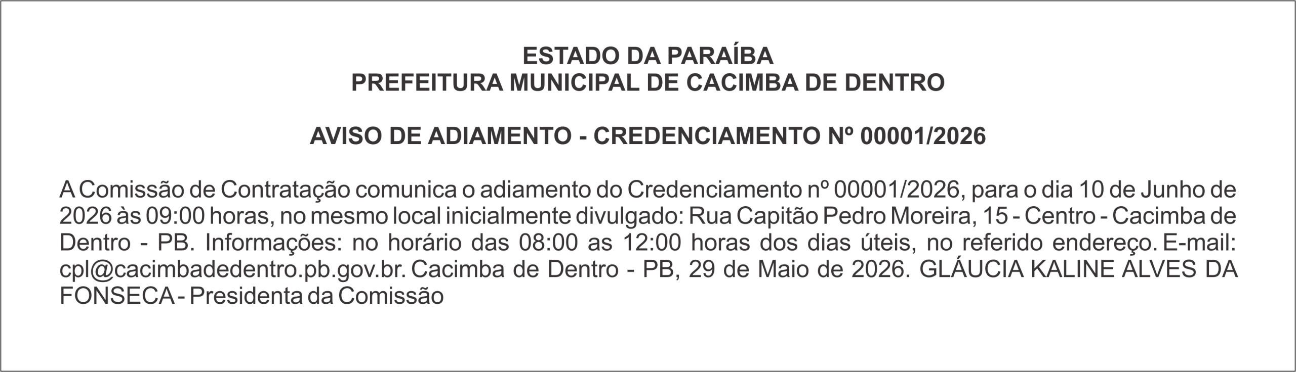 PREFEITURA MUNICIPAL DE CACIMBA DE DENTRO – AVISO DE ADIAMENTO – CREDENCIAMENTO Nº 00001/2026