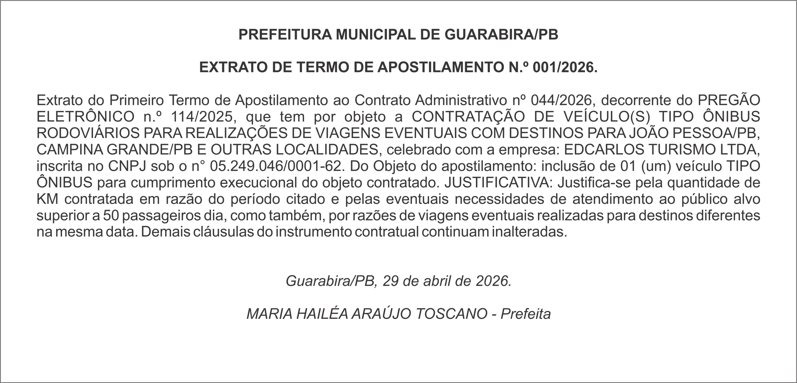 PREFEITURA MUNICIPAL DE GUARABIRA/PB – EXTRATO DE TERMO DE APOSTILAMENTO N.º 001/2026.