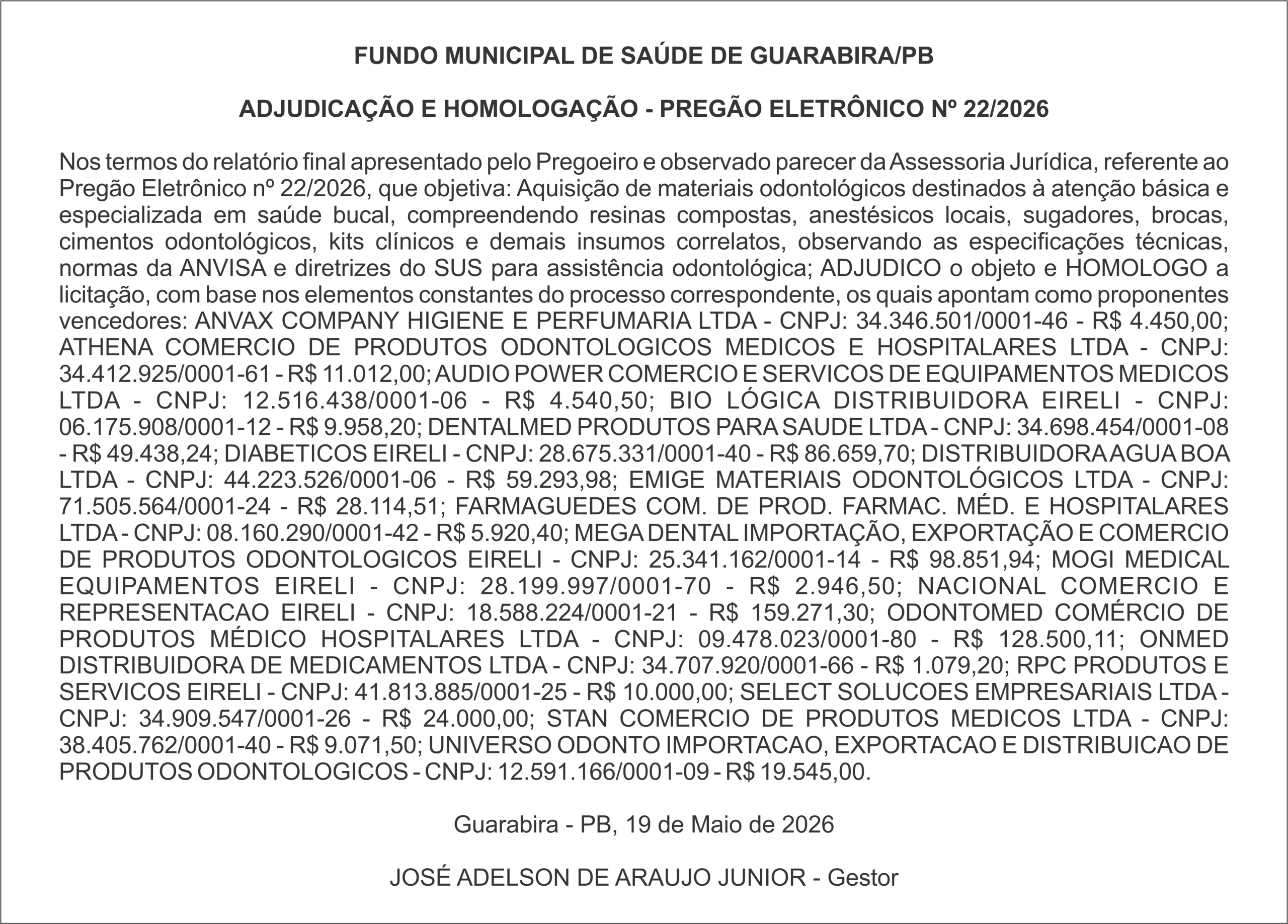 FUNDO MUNICIPAL DE SAÚDE DE GUARABIRA/PB  ADJUDICAÇÃO E HOMOLOGAÇÃO – PREGÃO ELETRÔNICO Nº 22/2026