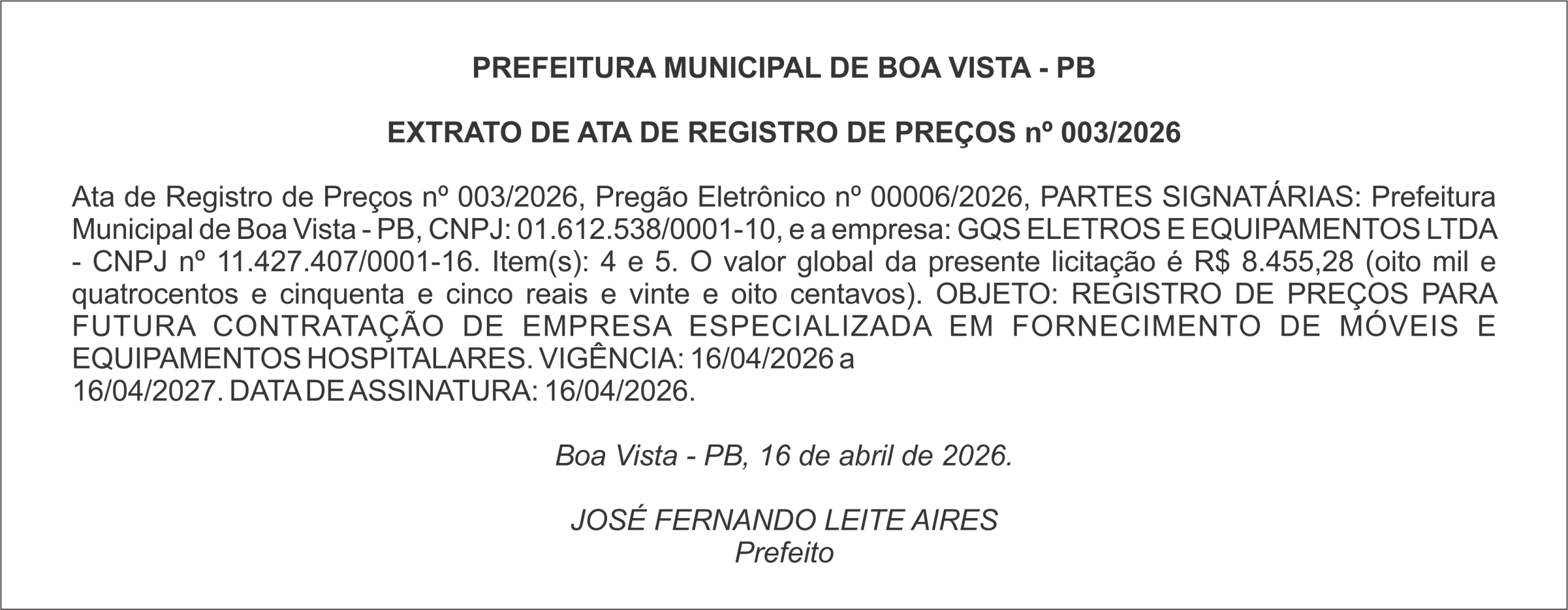 PREFEITURA MUNICIPAL DE BOA VISTA – PB – EXTRATO DE ATA DE REGISTRO DE PREÇOS nº 003/2026