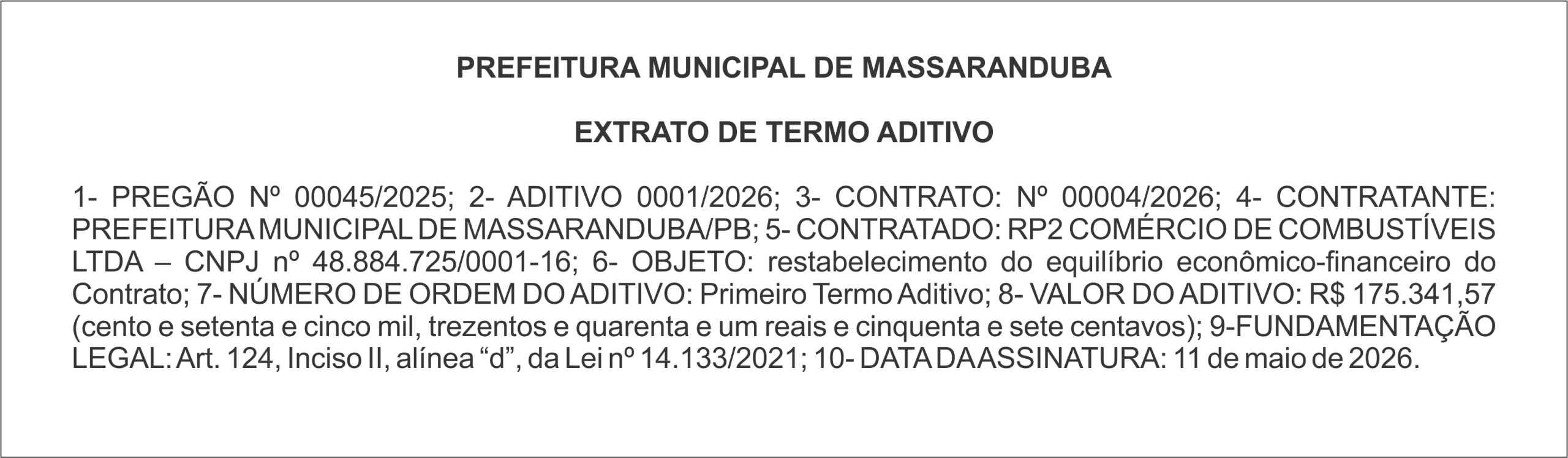 PREFEITURA DE MASSARANDUBA – EXTRATO DE TERMO ADITIVO