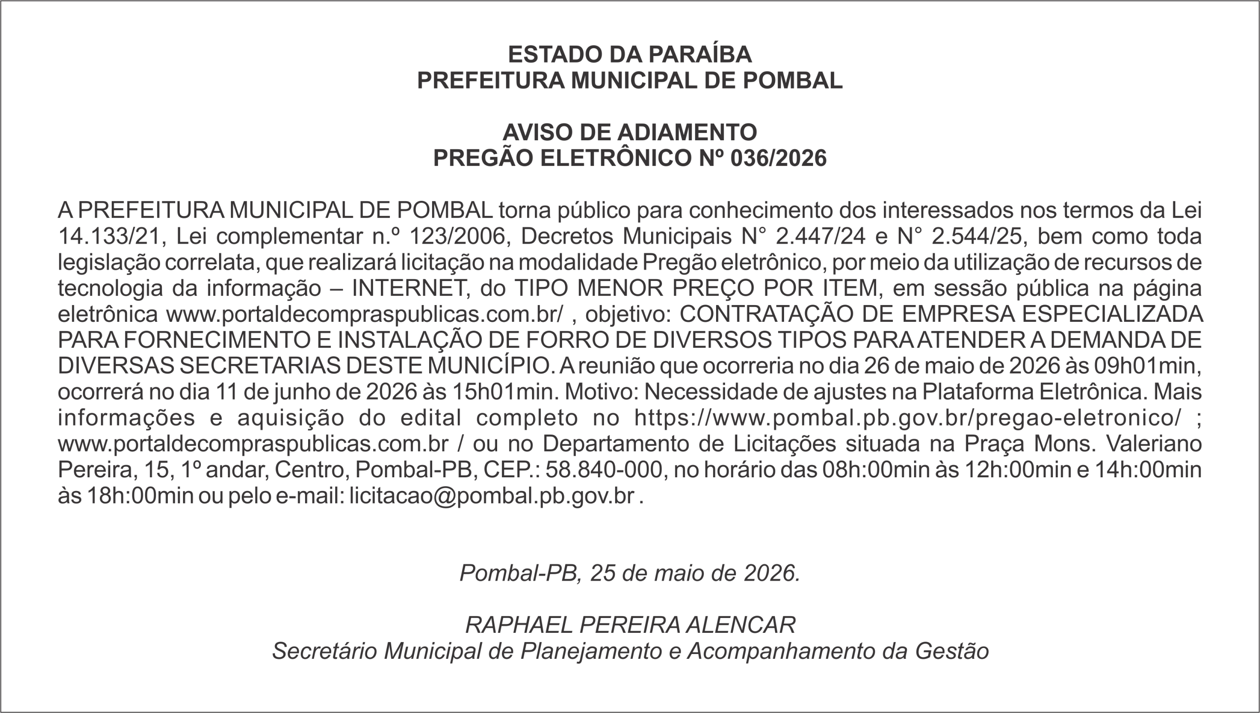 PREFEITURA MUNICIPAL DE POMBAL – AVISO DE ADIAMENTO PREGÃO ELETRÔNICO Nº 036/2026
