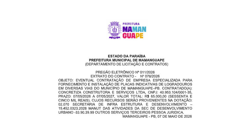 PREFEITURA MUNICIPAL DE MAMANGUAPE – PREGÃO ELETRÔNICO Nº 011/2026