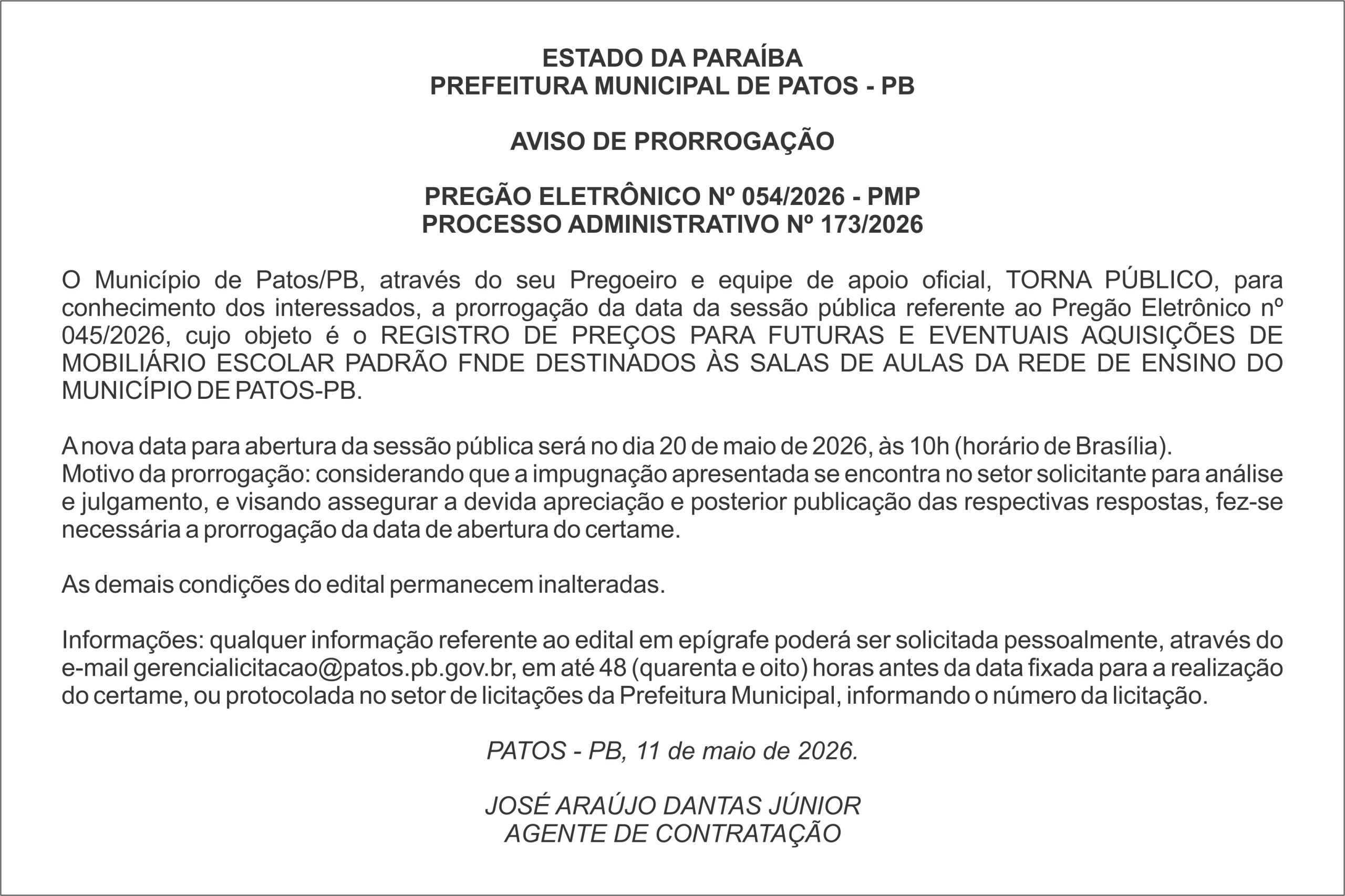 PREFEITURA MUNICIPAL DE PATOS – PB PREGÃO ELETRÔNICO Nº 054/2026 – PMP