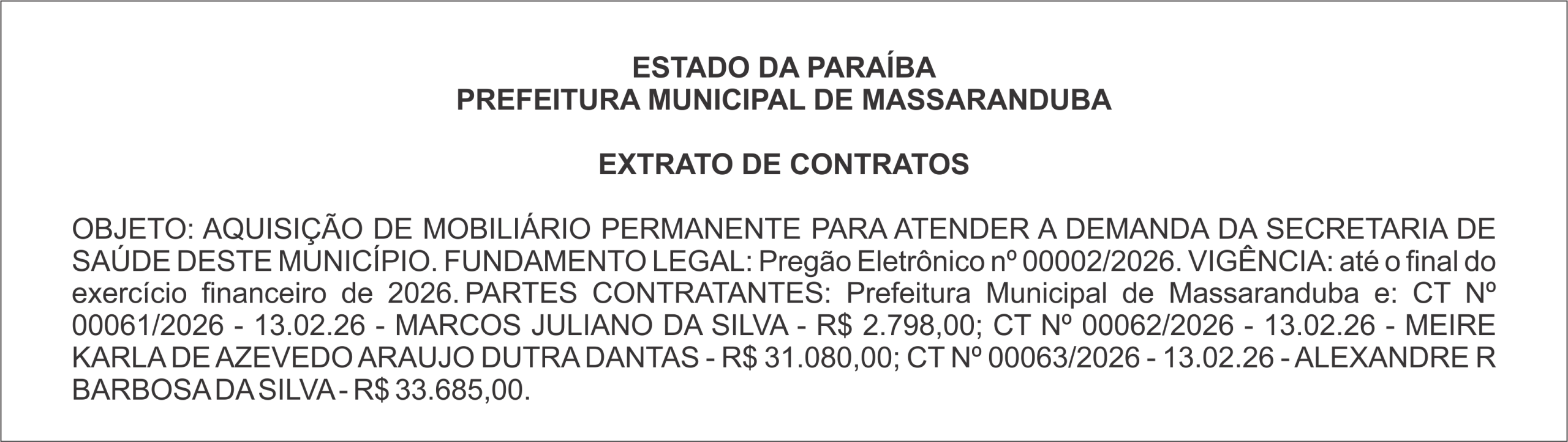 PREFEITURA MUNICIPAL DE MASSARANDUBA -EXTRATO DE CONTRATO
