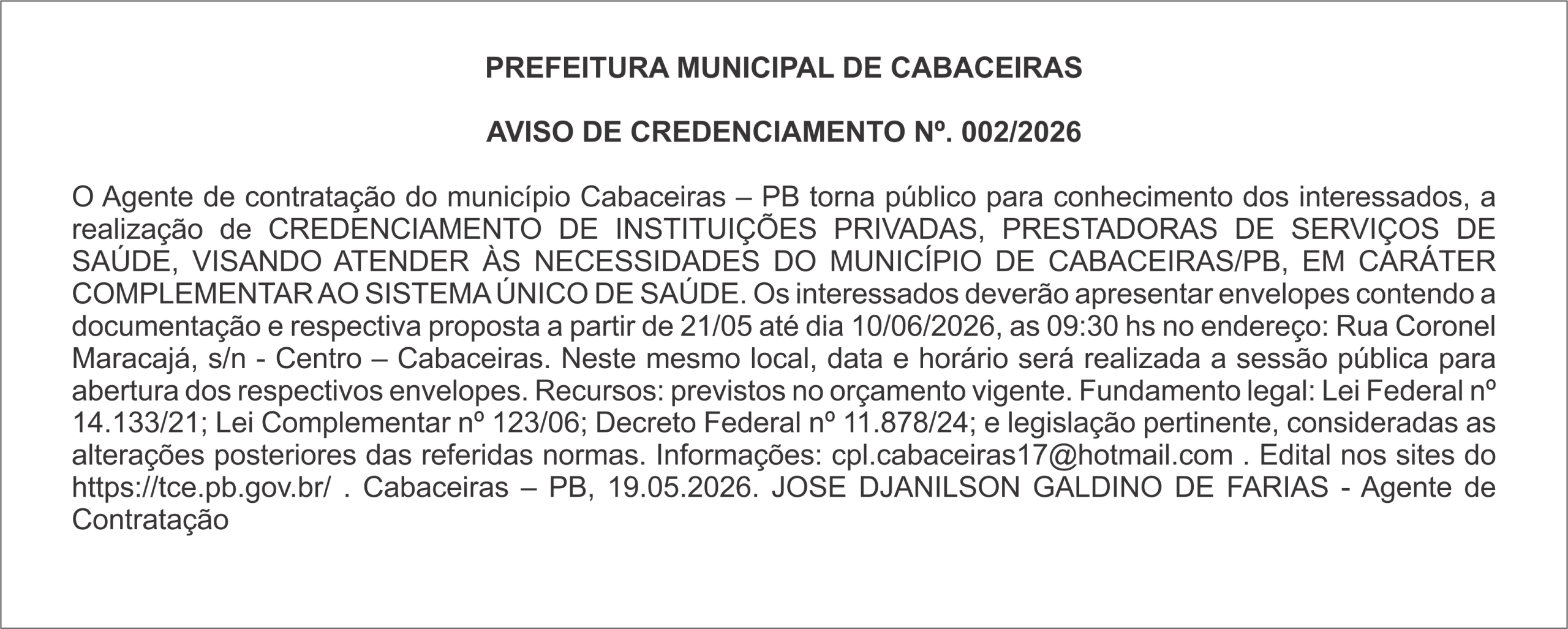 PREFEITURA MUNICIPAL DE CABACEIRAS – AVISO DE CREDENCIAMENTO Nº. 002/2026