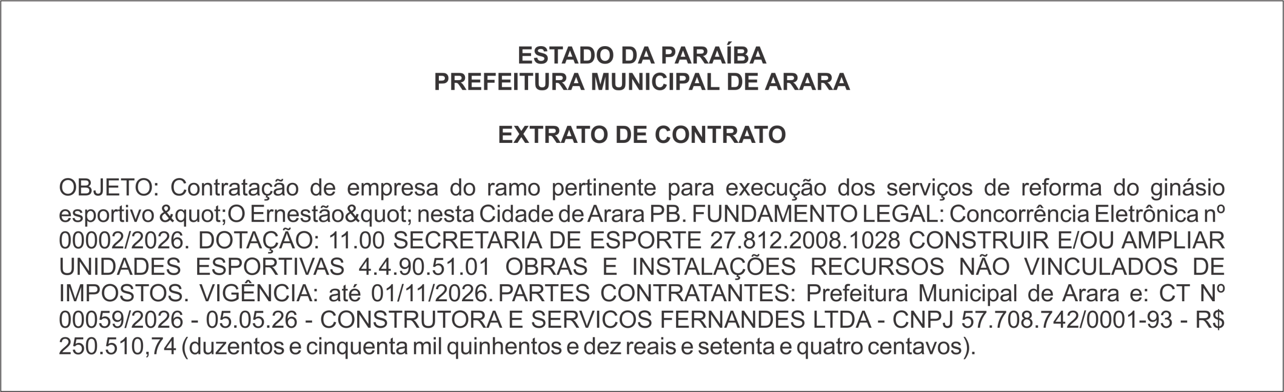 PREFEITURA MUNICIPAL DE ARARA – EXTRATO DE CONTRATO