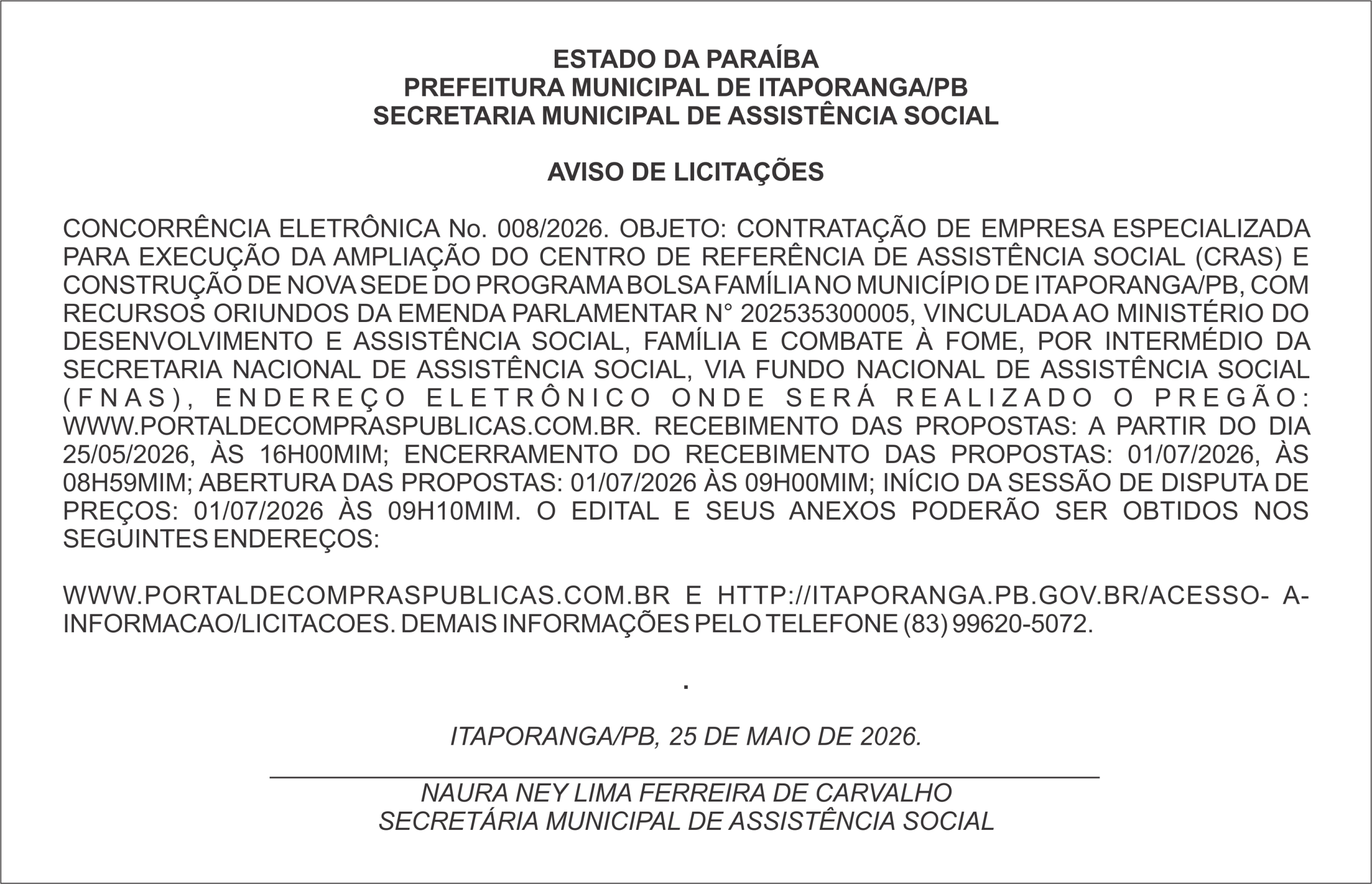 PREFEITURA MUNICIPAL DE ITAPORANGA/PB – AVISO DE LICITAÇÕES  CONCORRÊNCIA ELETRÔNICA No. 008/2026