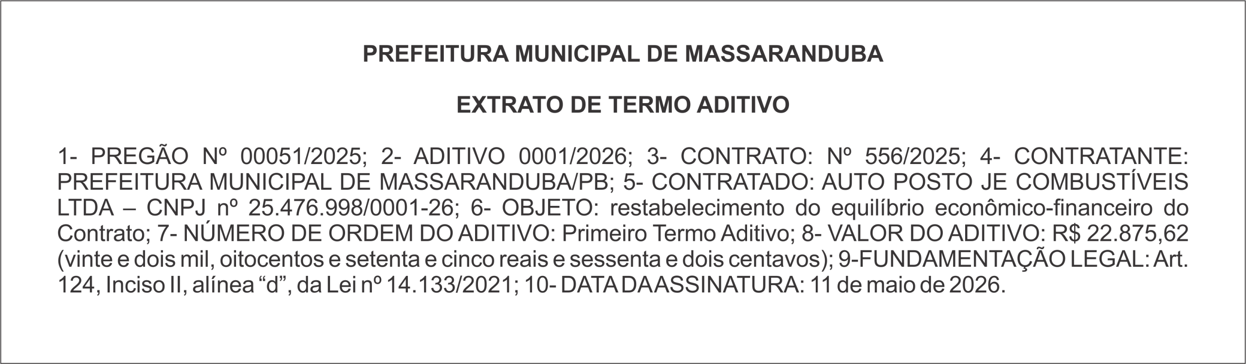 PREFEITURA DE MASSARANDUBA – EXTRATO DE TERMO ADITIVO