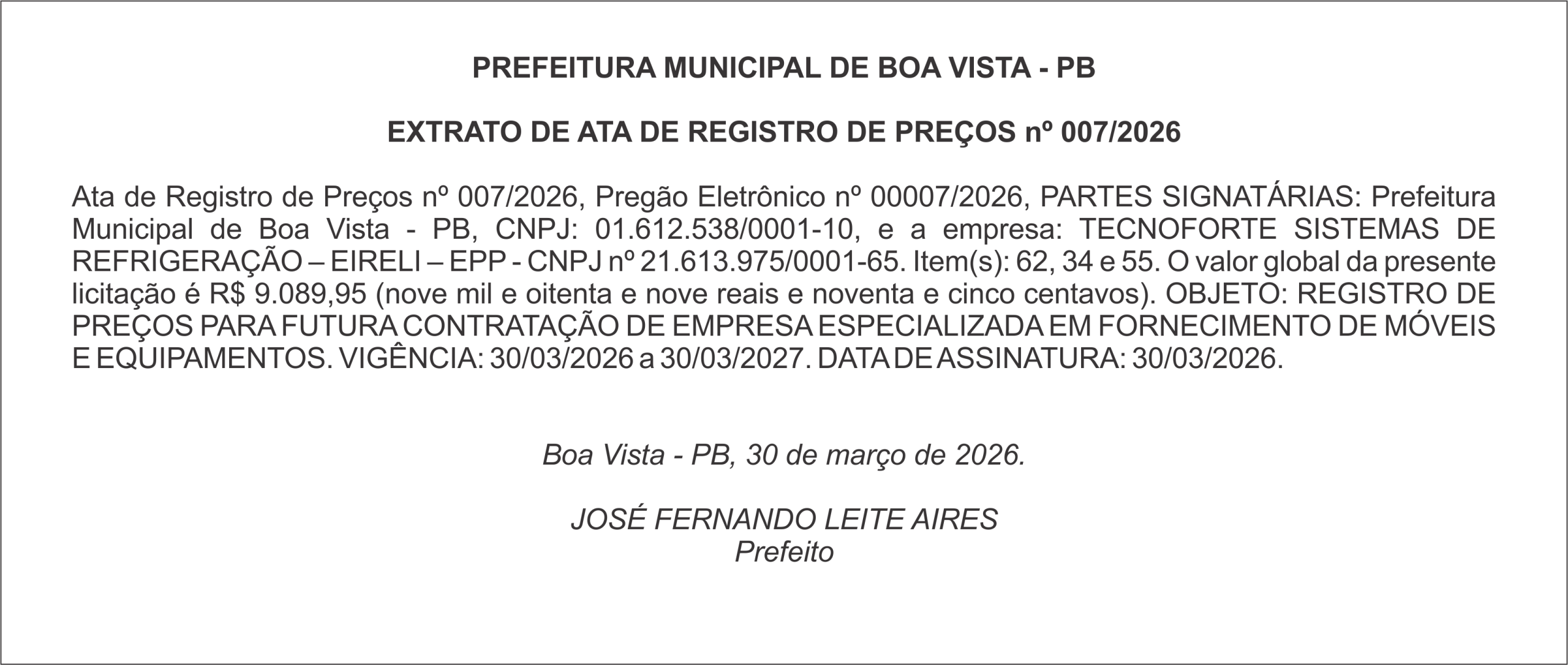 PREFEITURA MUNICIPAL DE BOA VISTA – PB – EXTRATO DE ATA DE REGISTRO DE PREÇOS nº 007/2026