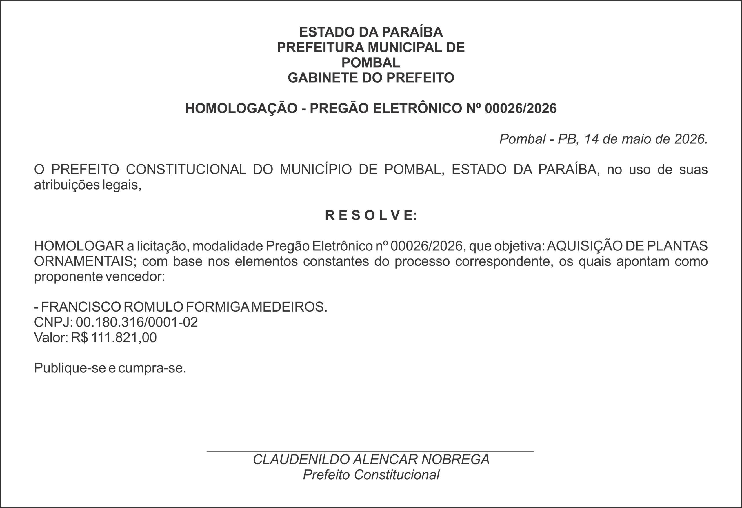 PREFEITURA MUNICIPAL DE POMBAL – HOMOLOGAÇÃO – PREGÃO ELETRÔNICO Nº 00026/2026