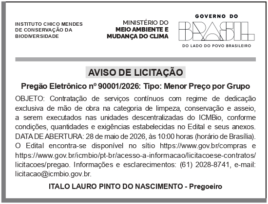 ICMBIO – DF – SEDE – AVISO DE LICITAÇÃO (PREGÃO ELETRÔNICO No 90001/2026)