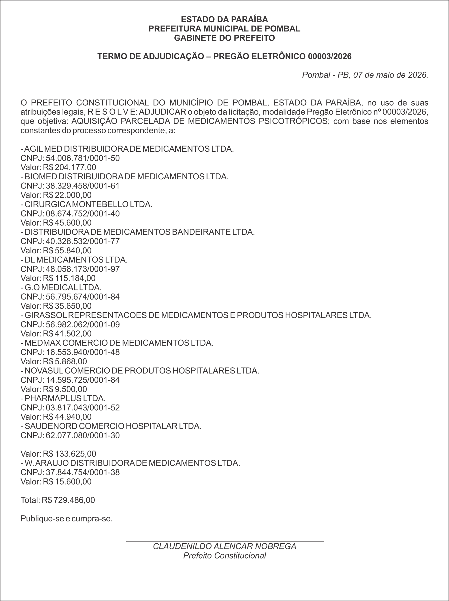 PREFEITURA MUNICIPAL DE POMBAL – TERMO DE ADJUDICAÇÃO – PREGÃO ELETRÔNICO 00003/2026