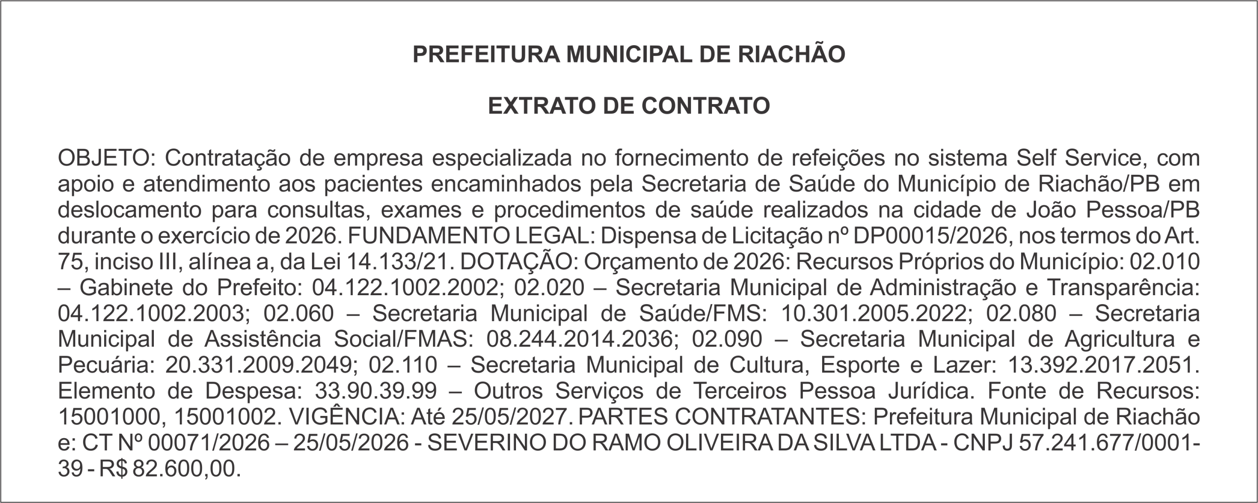 PREFEITURA MUNICIPAL DE RIACHÃO – EXTRATO DE CONTRATO