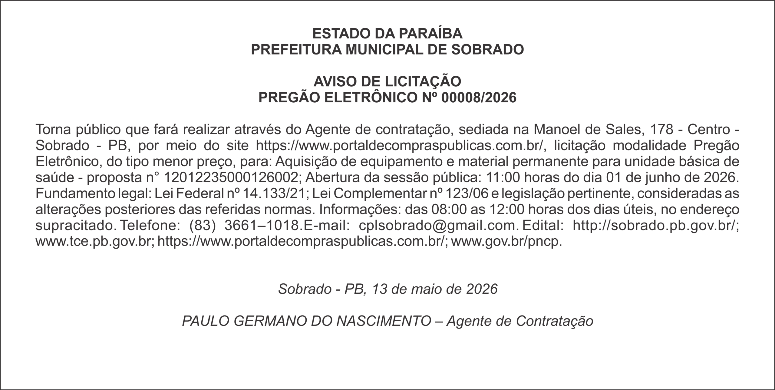 PREFEITURA MUNICIPAL DE SOBRADO – AVISO DE LICITAÇÃO PREGÃO ELETRÔNICO Nº 00008/2026