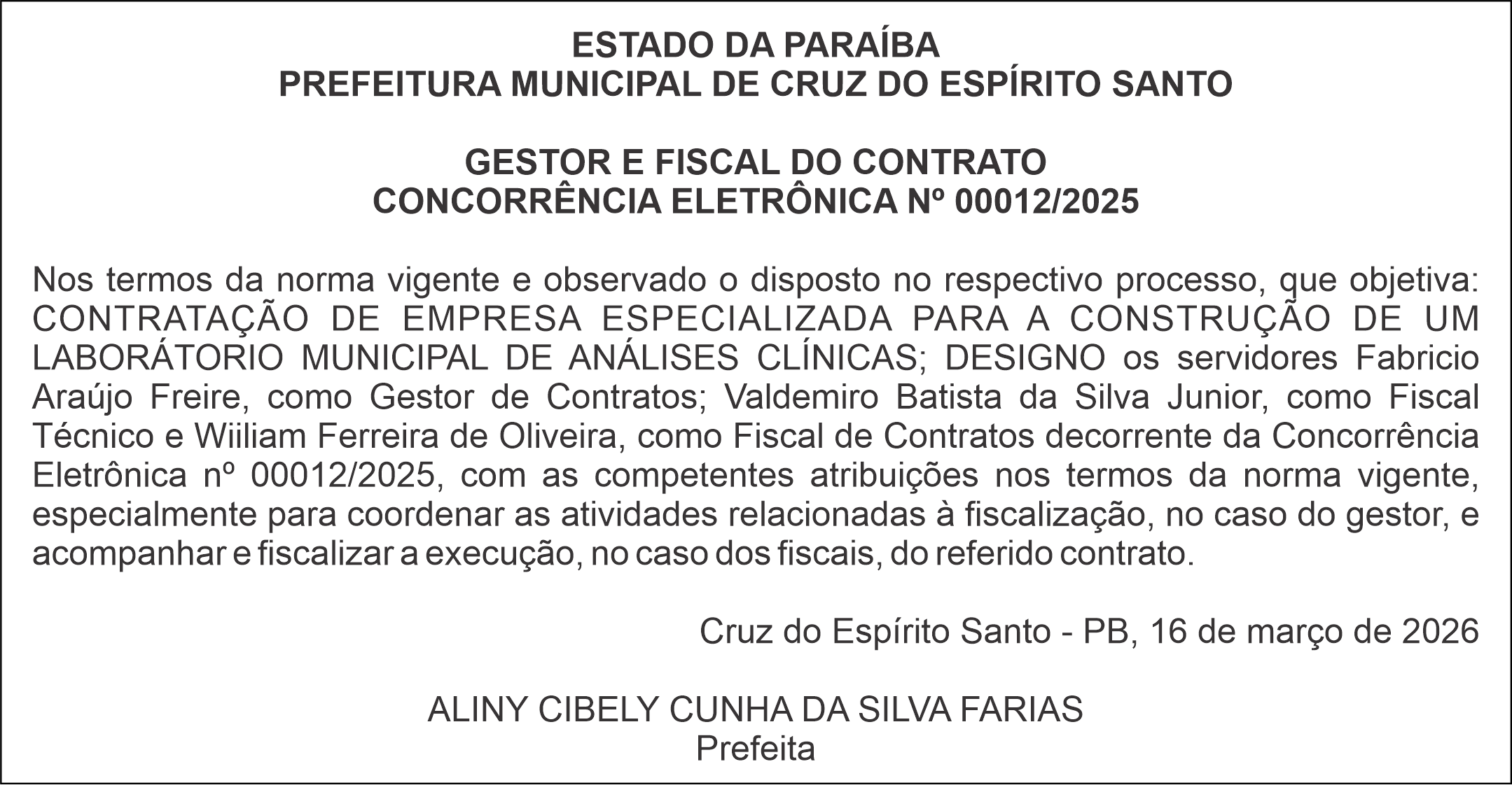 PREFEITURA MUNICIPAL DE CRUZ DO ESPÍRITO SANTO  – CONCORRÊNCIA ELETRÔNICA Nº 00012/2025
