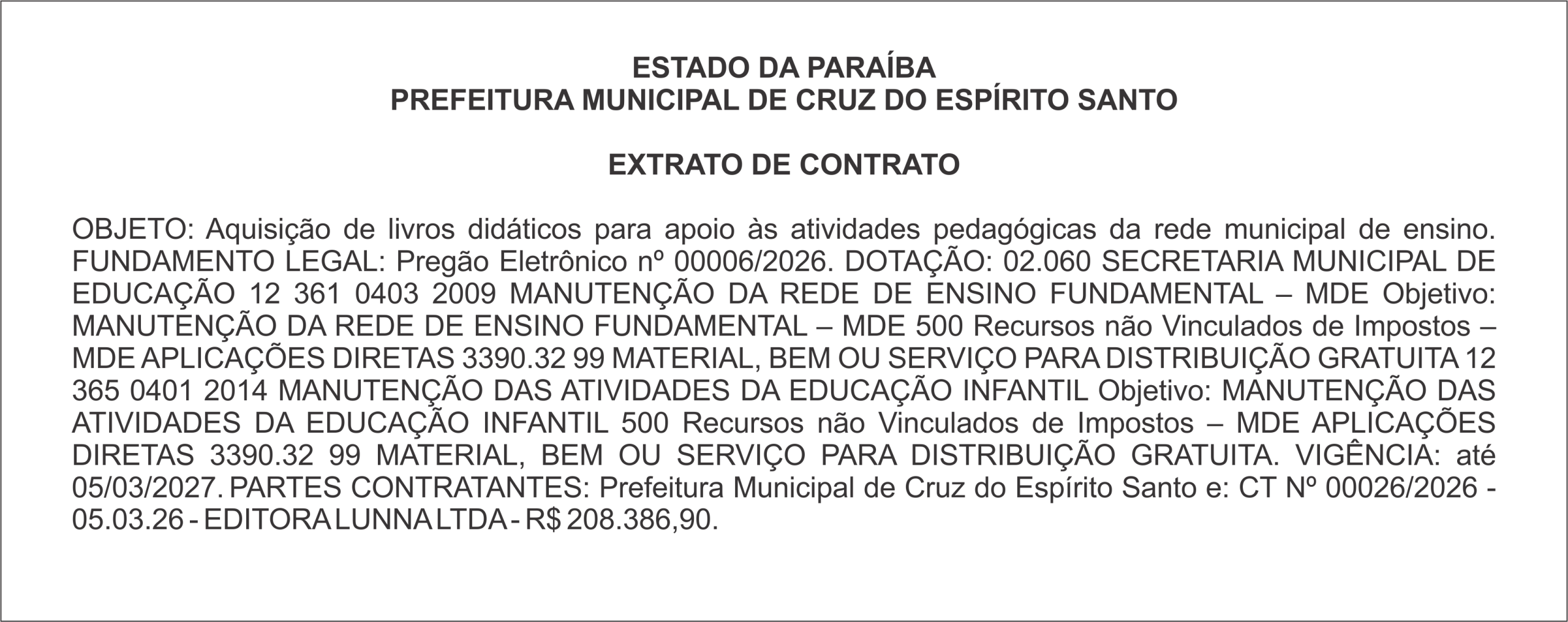 PREFEITURA MUNICIPAL DE CRUZ DO ESPÍRITO SANTO – EXTRATO DE CONTRATO