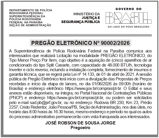 SRPRF – PB – 14° SR – JOÃO PESSOA – Pregão no 90002/2026
