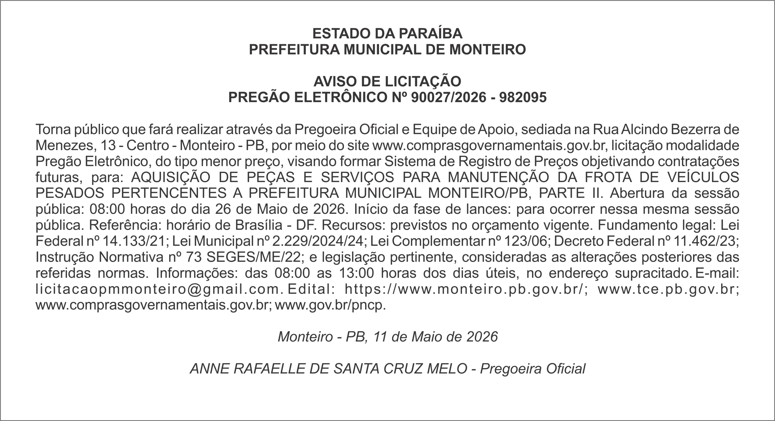 PREFEITURA MUNICIPAL DE MONTEIRO – AVISO DE LICITAÇÃO PREGÃO ELETRÔNICO Nº 90027/2026 – 982095