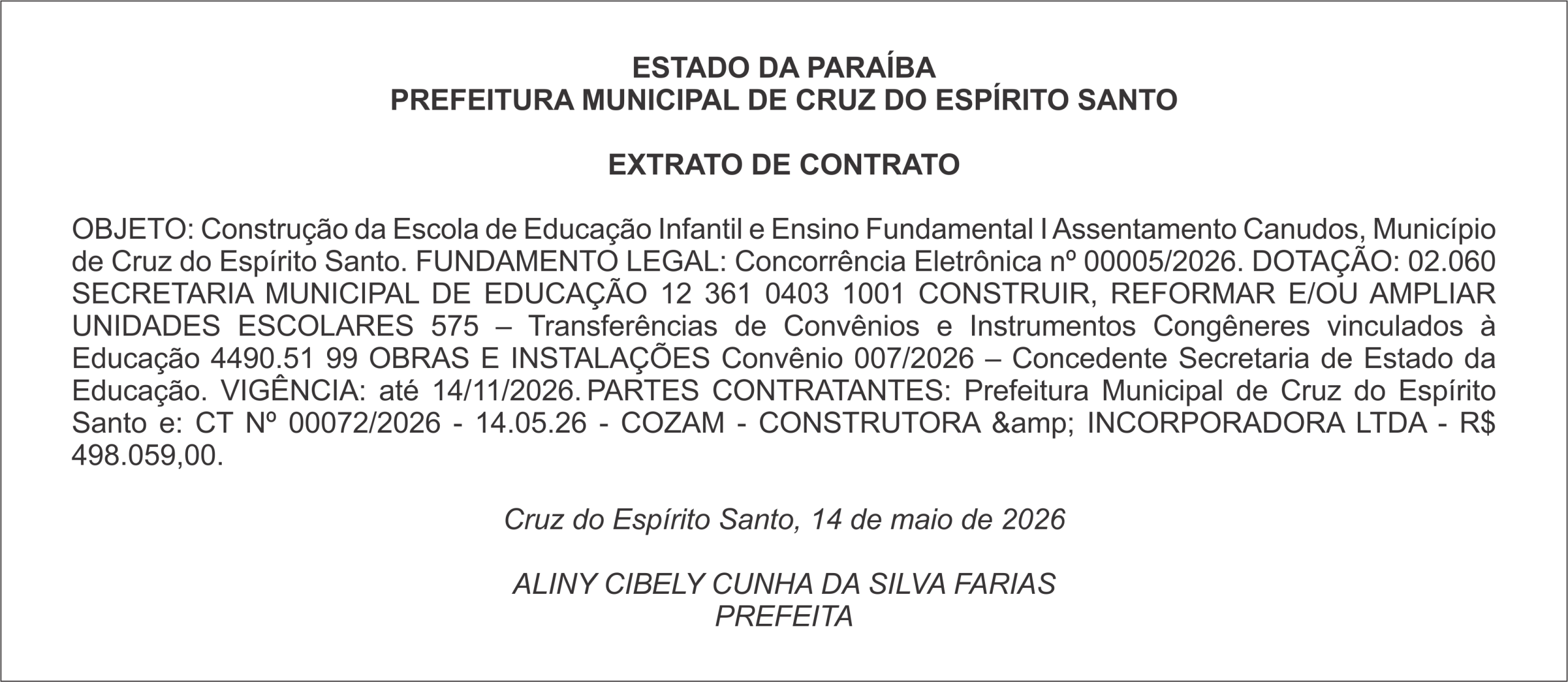 PREFEITURA MUNICIPAL DE CRUZ DO ESPÍRITO SANTO – EXTRATO DE CONTRATO