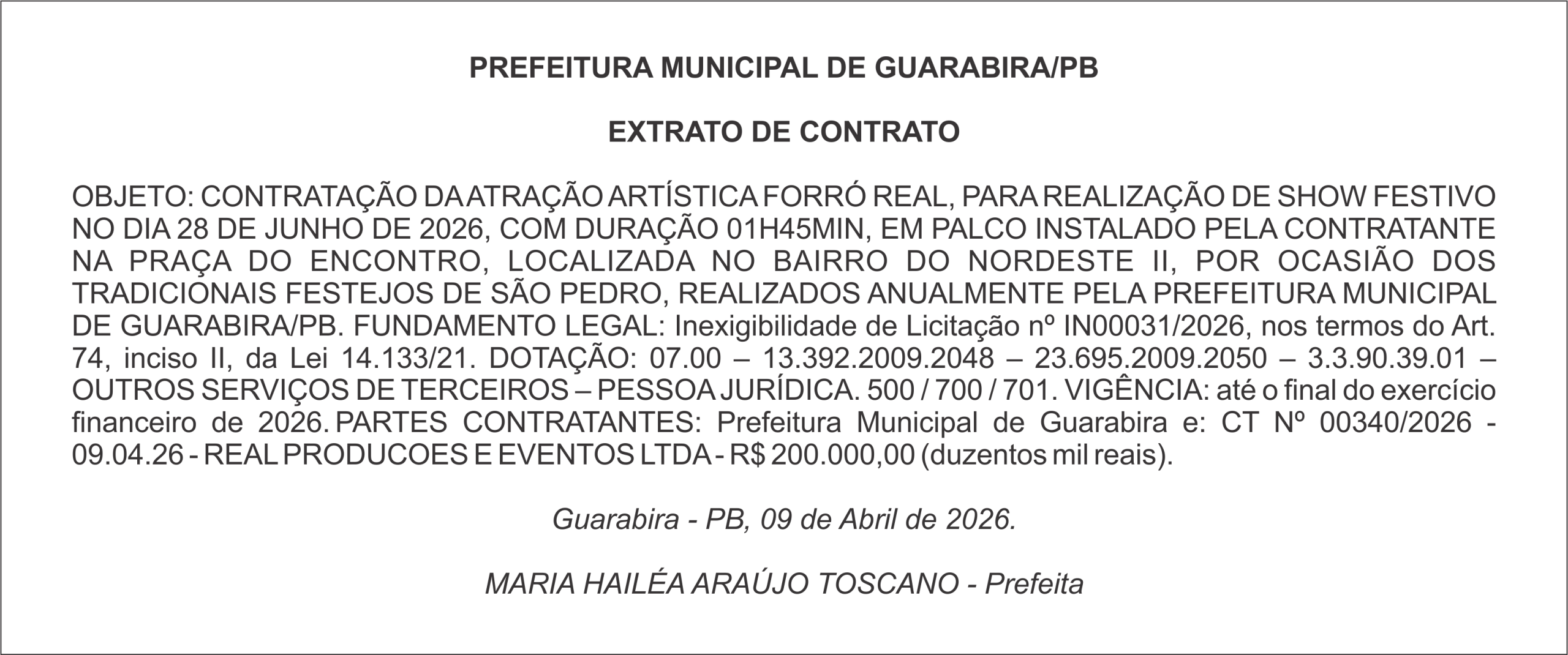 PREFEITURA MUNICIPAL DE GUARABIRA/PB EXTRATO DE CONTRATO